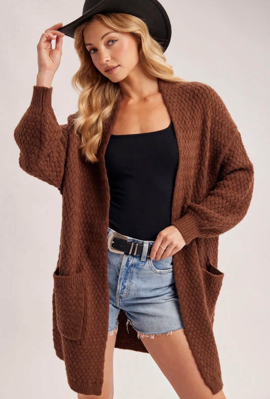 Bluivy Basket Weave Longline Cardigan – Chocolate Brown