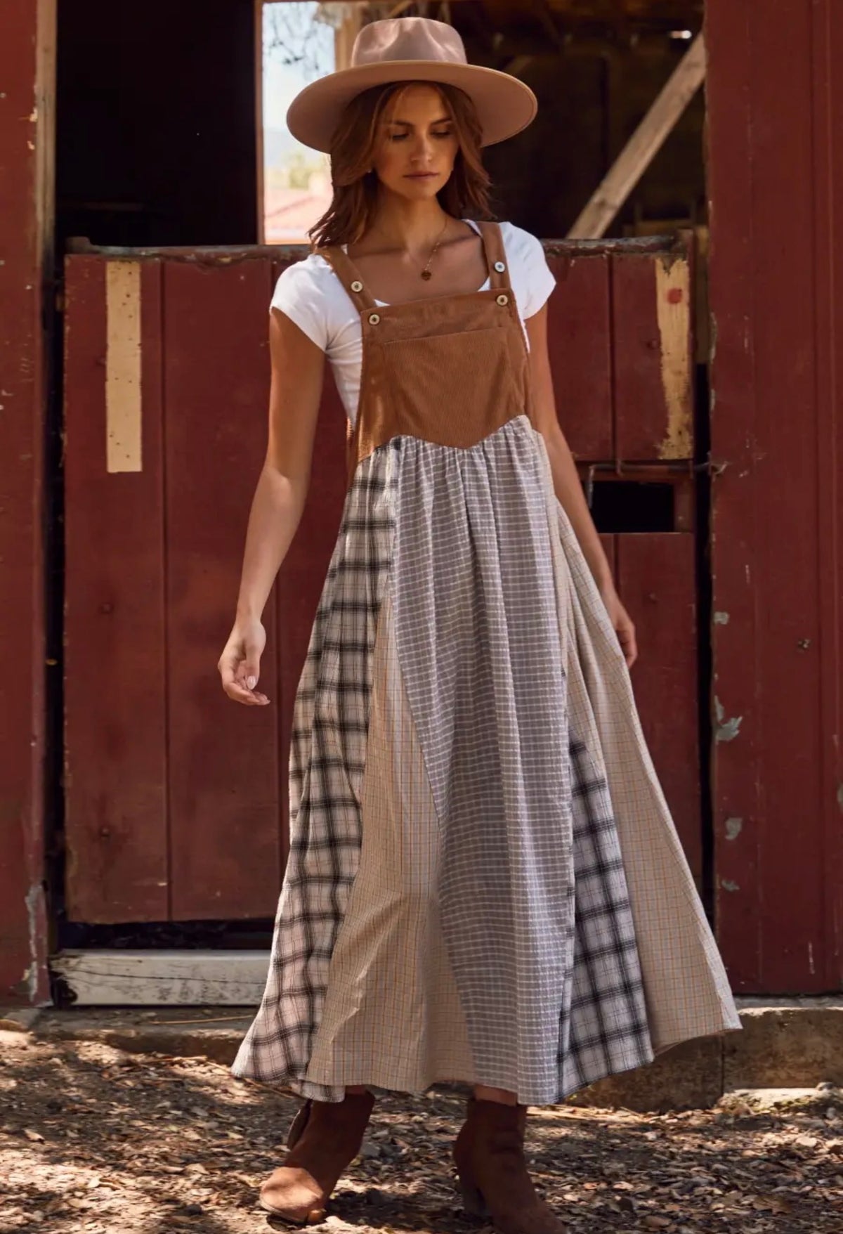 Patchwork Plaid Corduroy Overall Maxi Dress