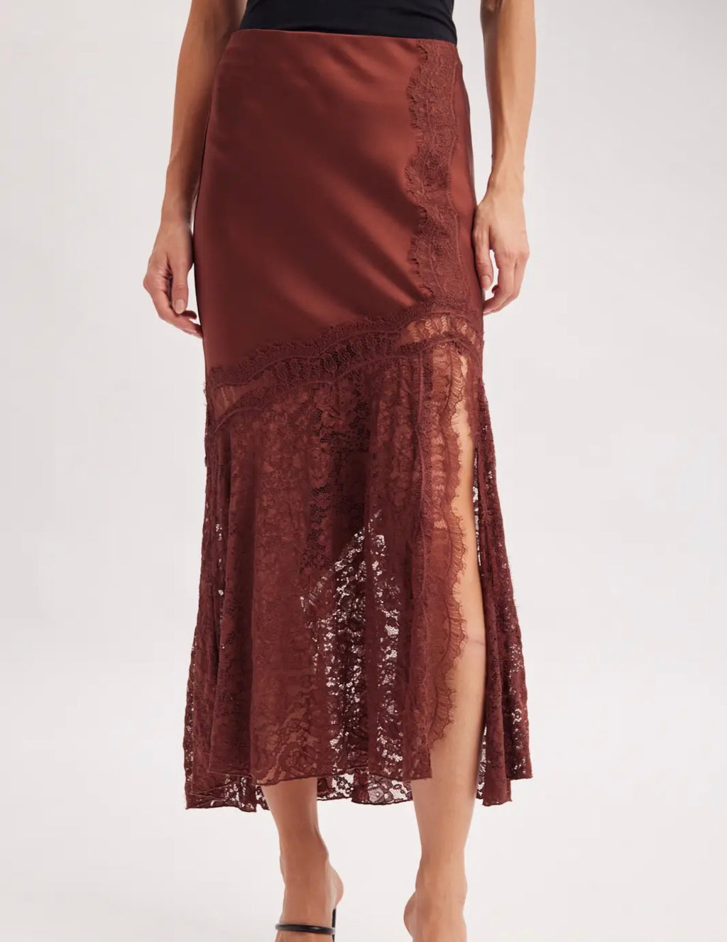 BluIvy Satin & Lace Midi Skirt