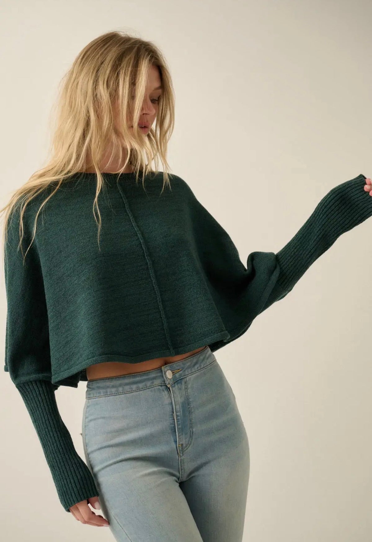 Promesa Hunter Green Cropped Dolman Sleeve Sweater