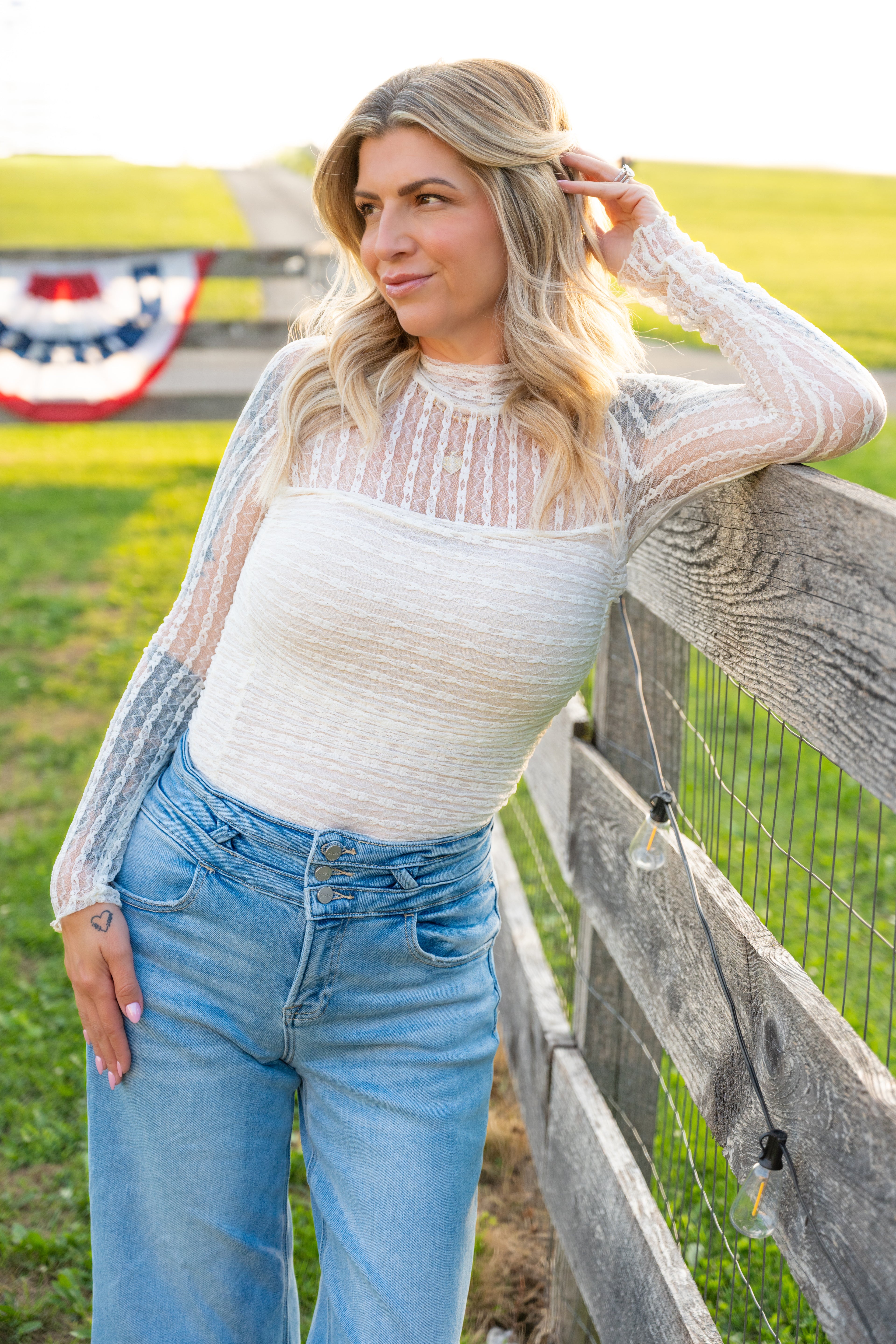 Ivory Striped Floral Lace Mock Neck Bodysuit