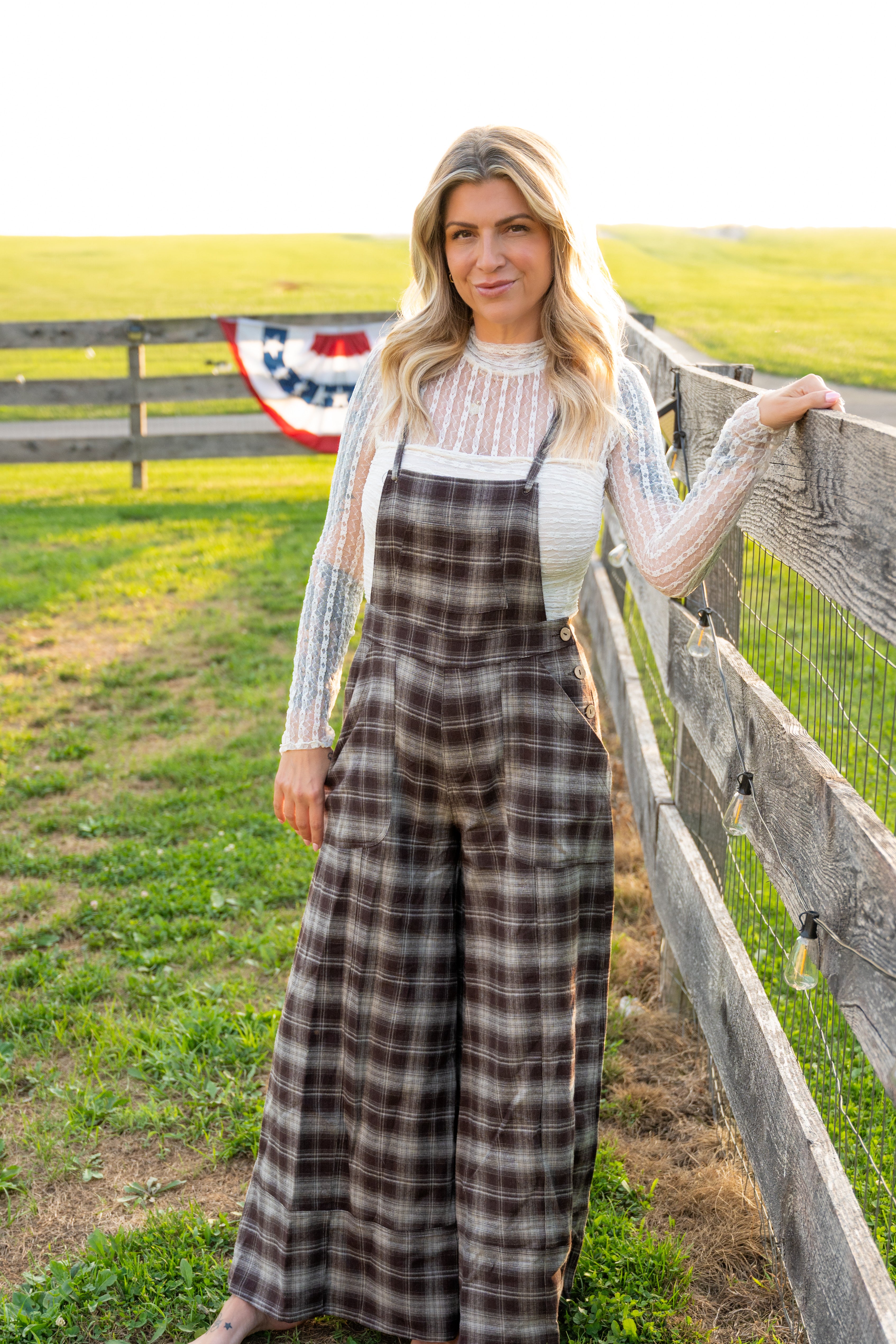 Mocha Plaid Wide Leg Overalls