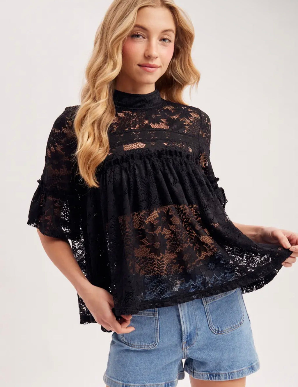 Bluivy Black Sheer Lace Babydoll Top