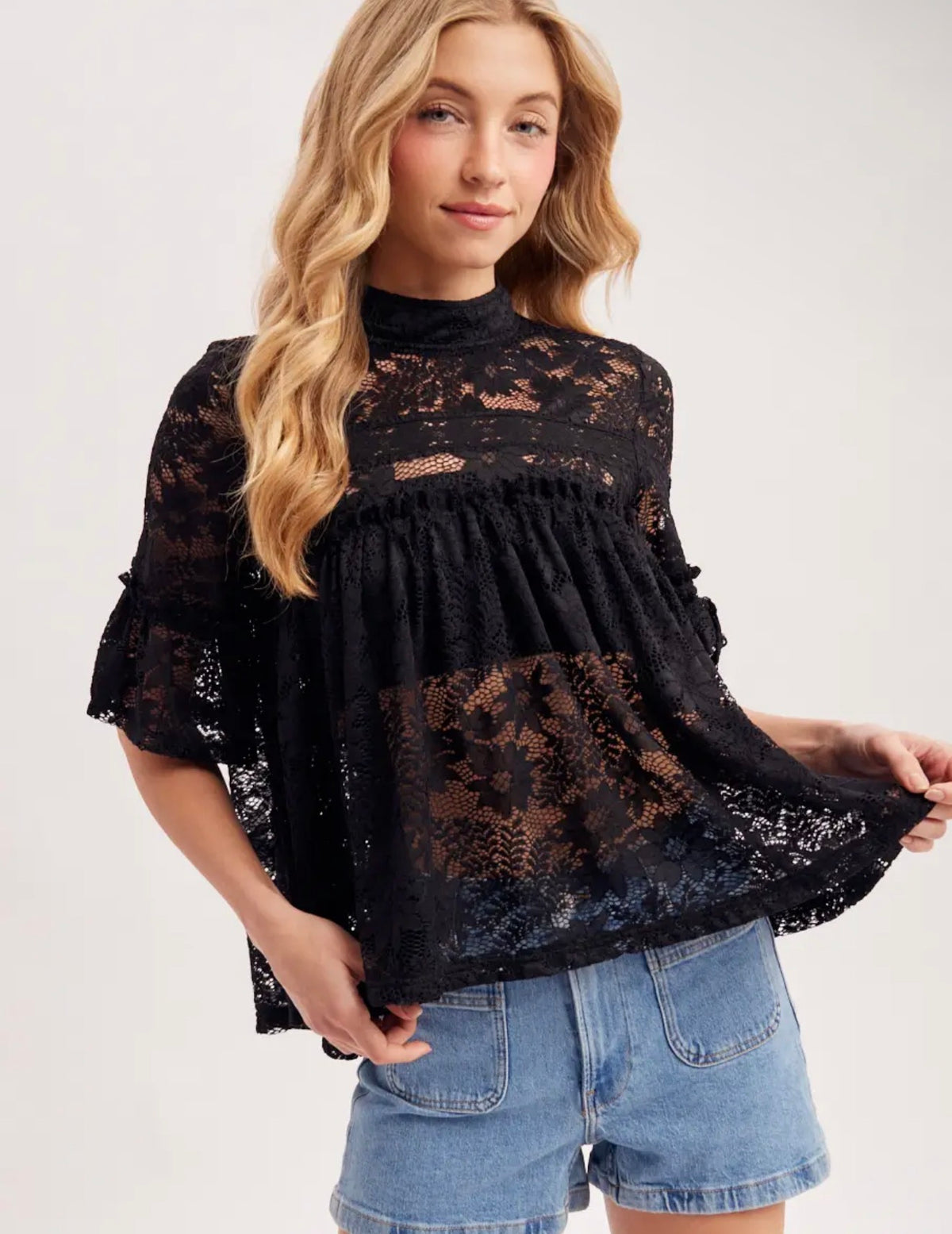 Bluivy Black Sheer Lace Babydoll Top