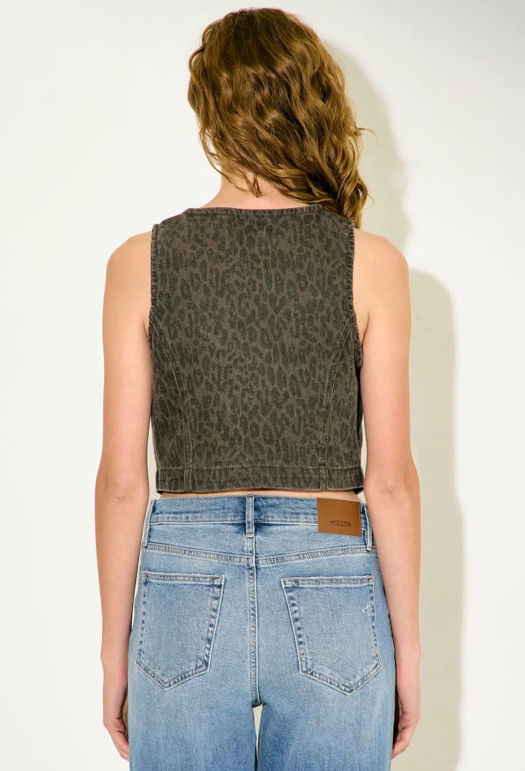 Hidden Brown Cheetah Cropped Denim Vest