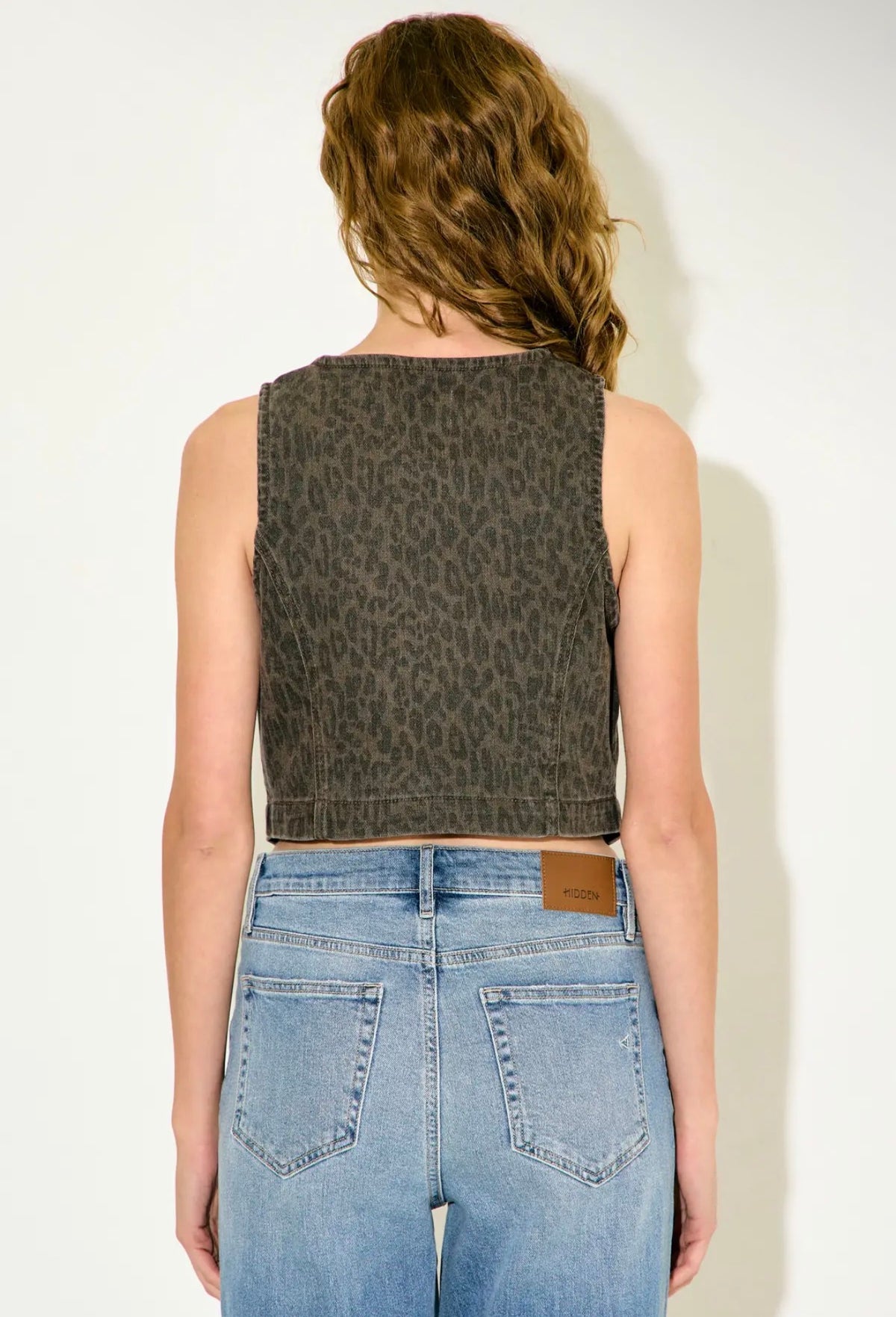 Hidden Brown Cheetah Cropped Denim Vest