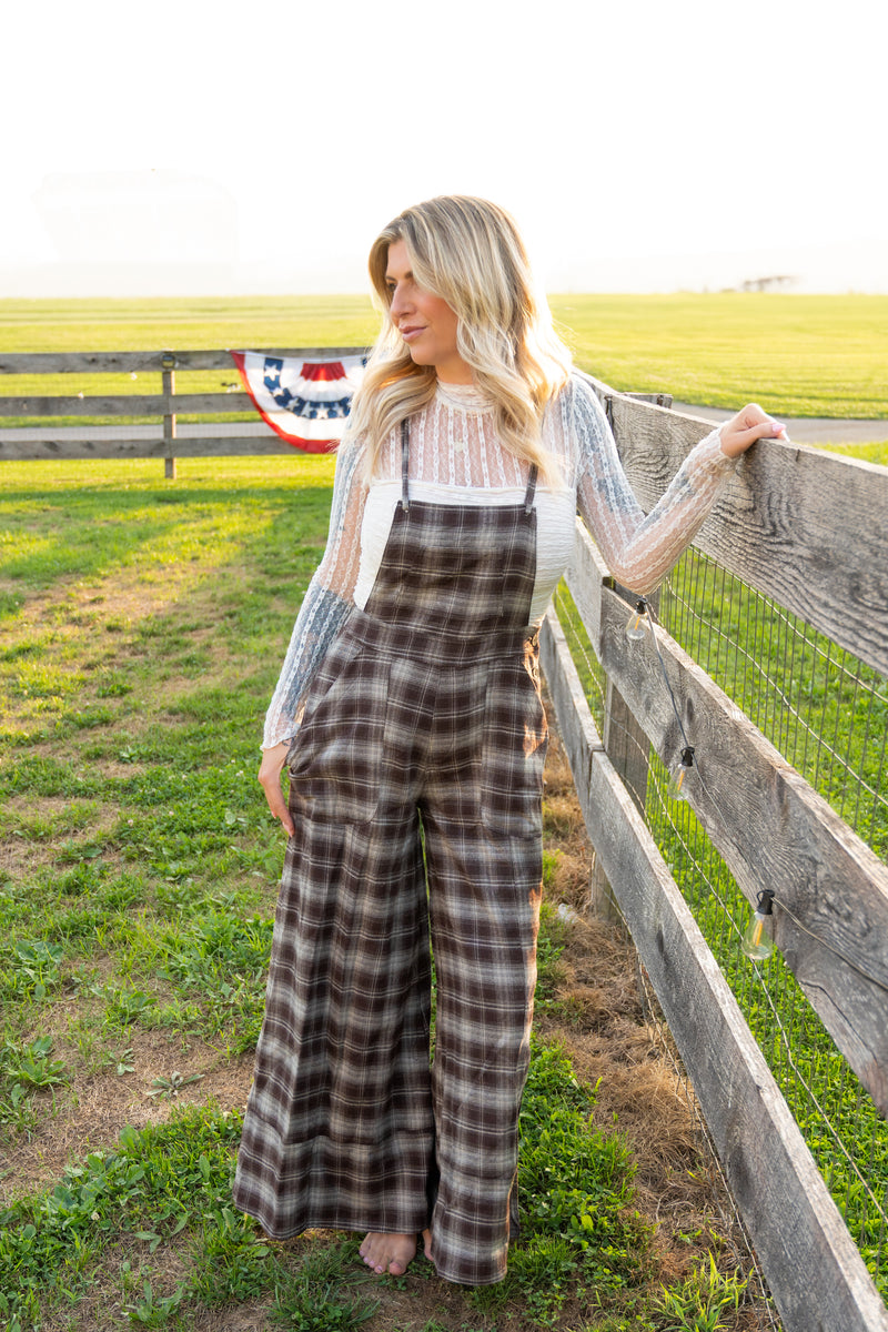 Mocha Plaid Wide Leg Overalls