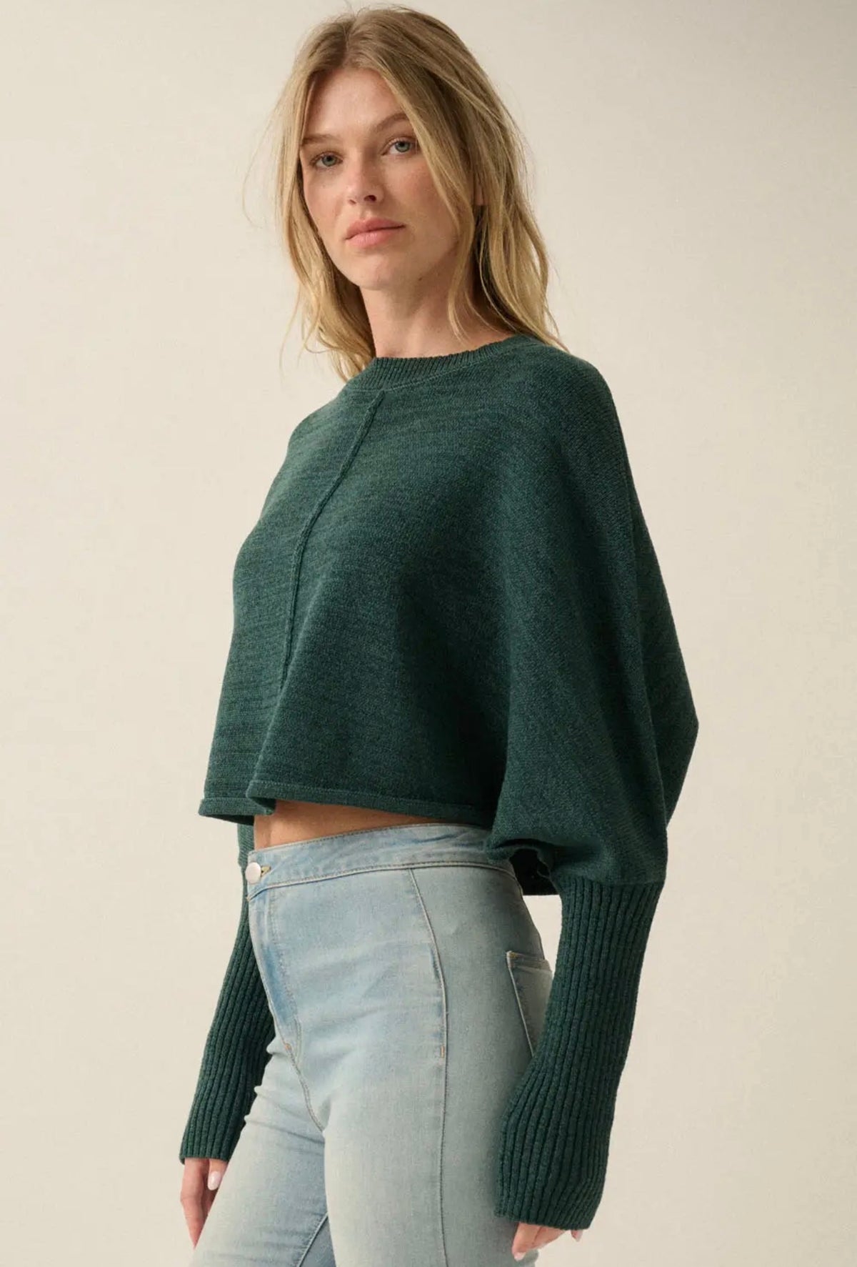 Promesa Hunter Green Cropped Dolman Sleeve Sweater
