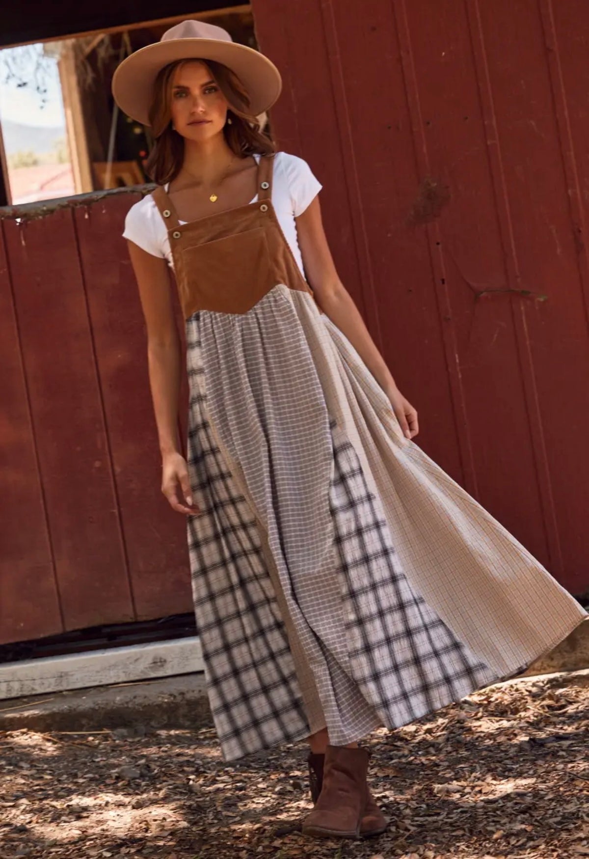 Patchwork Plaid Corduroy Overall Maxi Dress