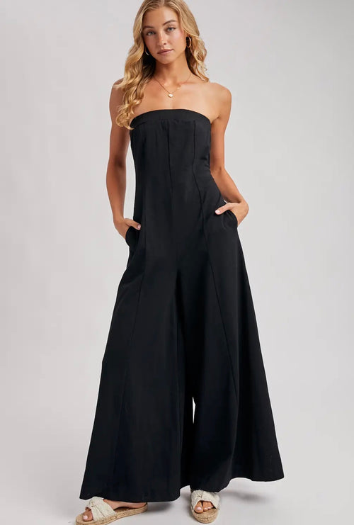 Bluivy Black Strapless Wide-Leg Jumpsuit with Pockets