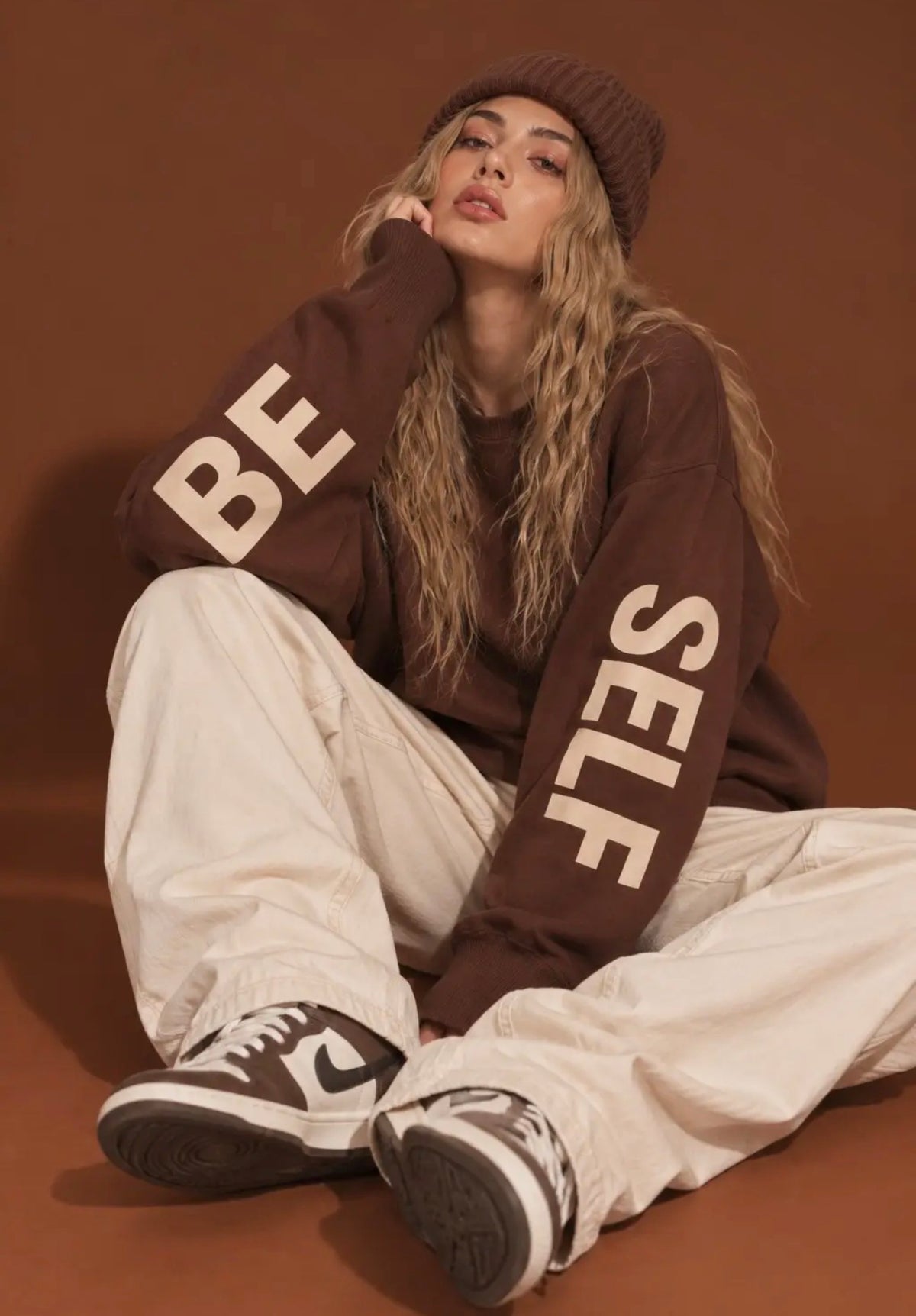 Jade by Jane Be Yourself Oversized Graphic Sweatshirt – Brown