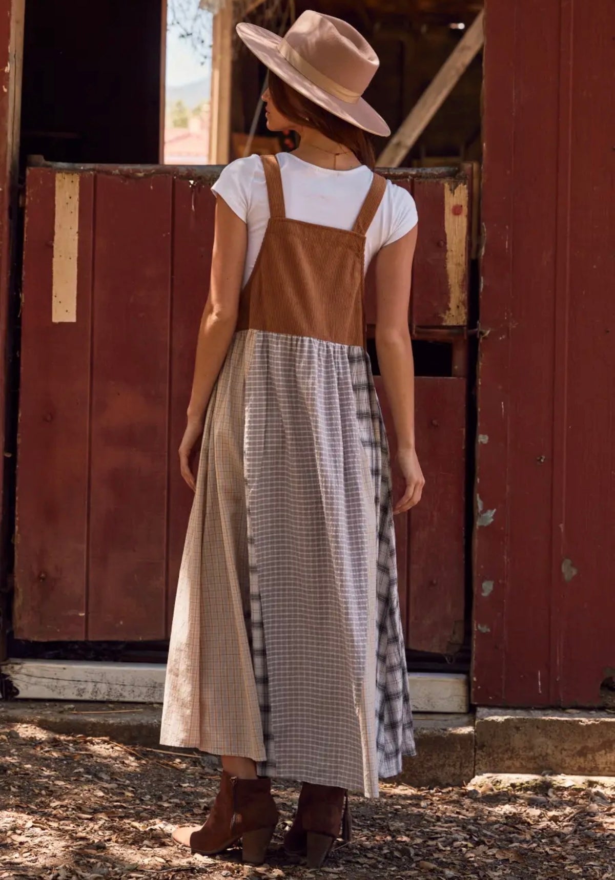 Patchwork Plaid Corduroy Overall Maxi Dress