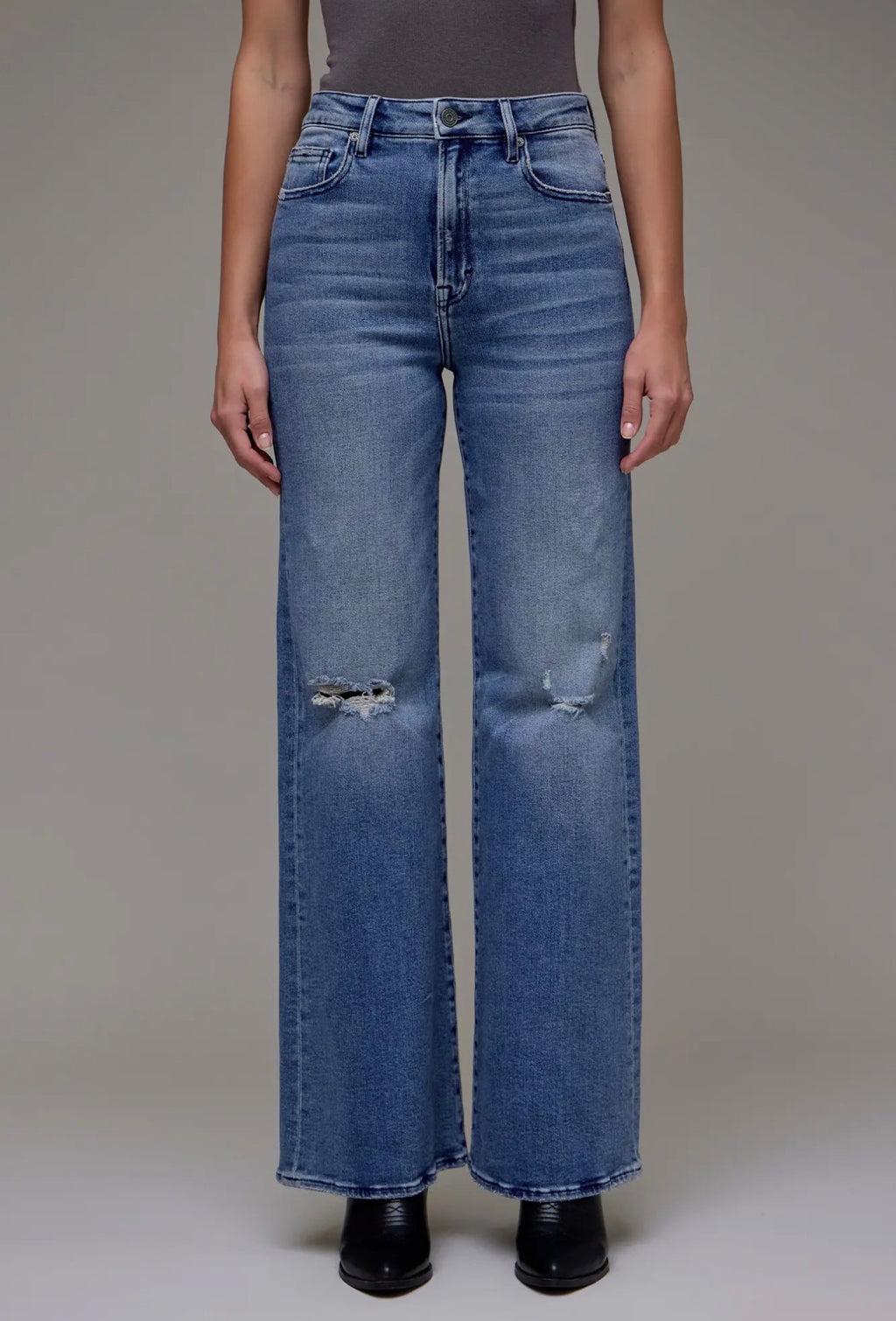 Hidden Medium Wash Knee Distressed High Rise Comfort Flare Jeans
