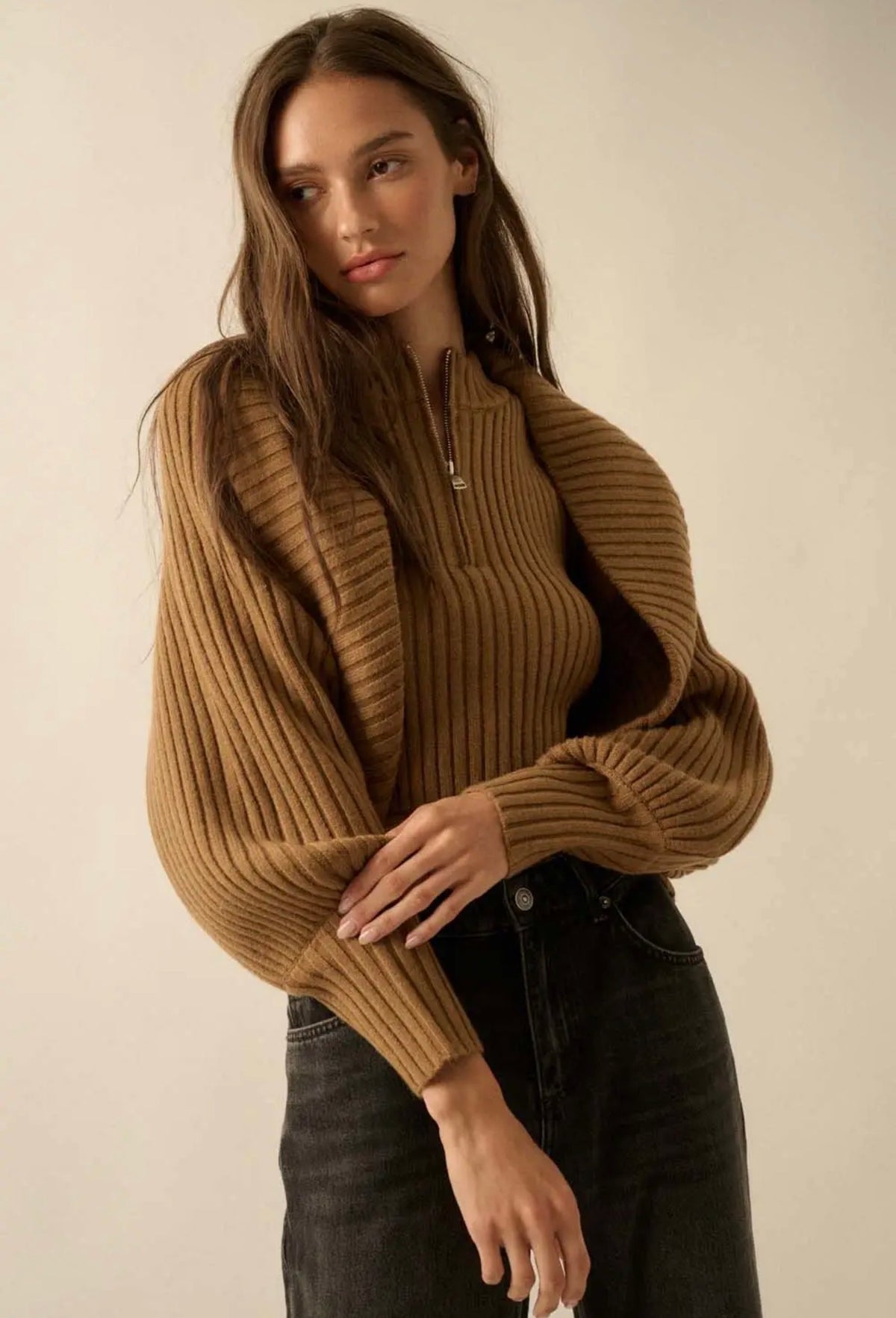 Promesa Camel Ribbed Shrug + Half-Zip Sweater Tank Set