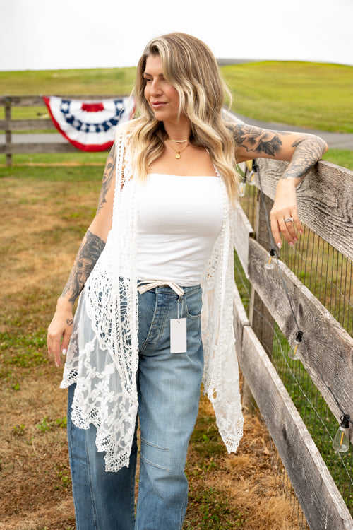 Boho Lace Longline Vest – White