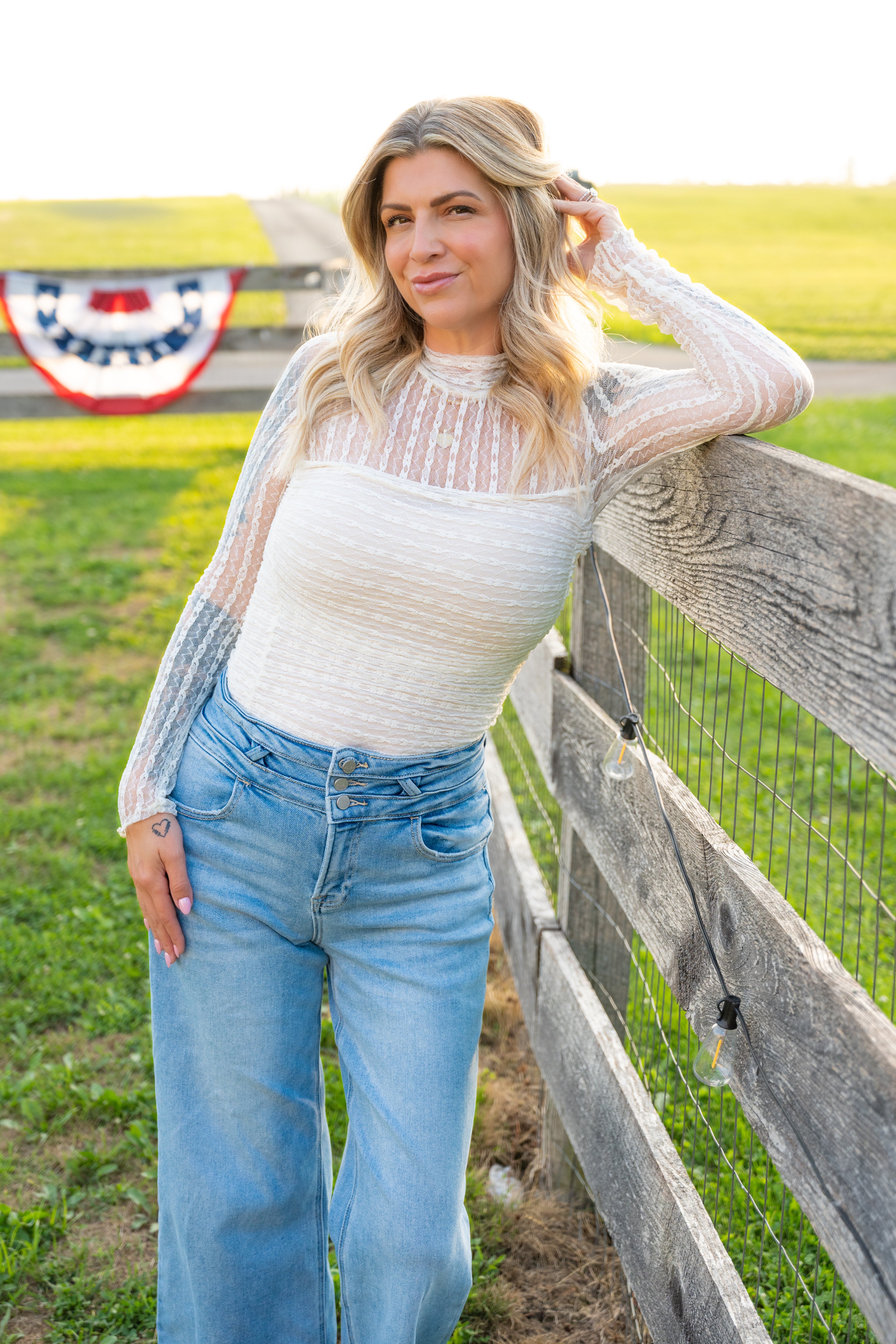 Ivory Striped Floral Lace Mock Neck Bodysuit