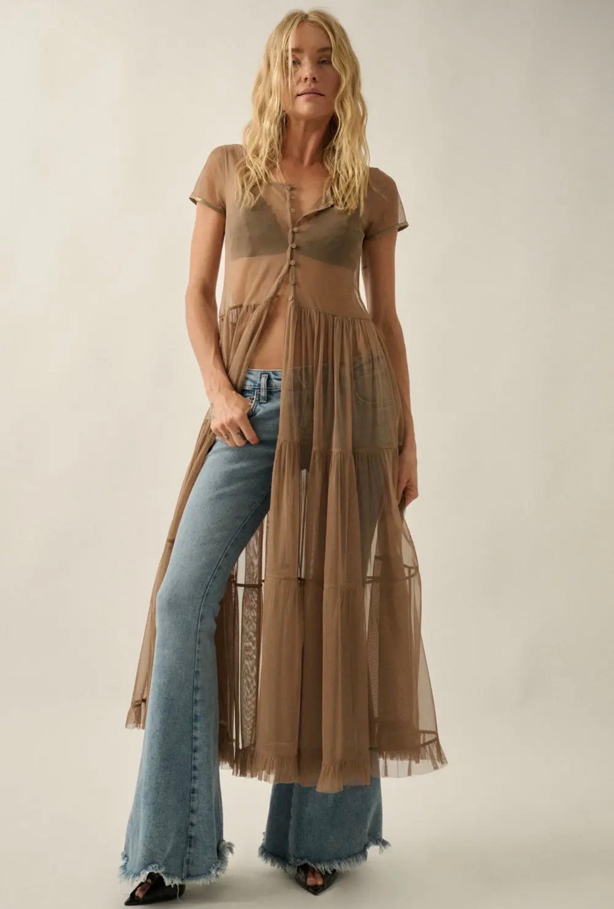 Promesa Mocha Sheer Mesh Button-Front Tiered Maxi Top