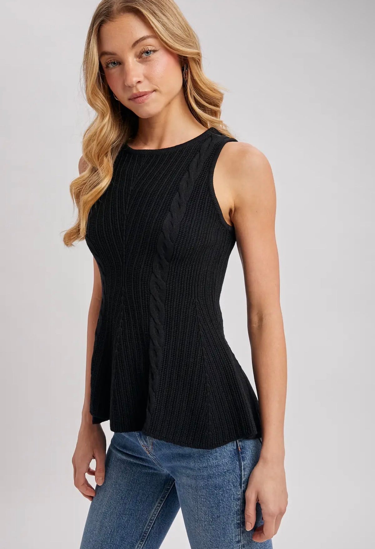 BluIvy Black Cable Knit Peplum Sleeveless Top