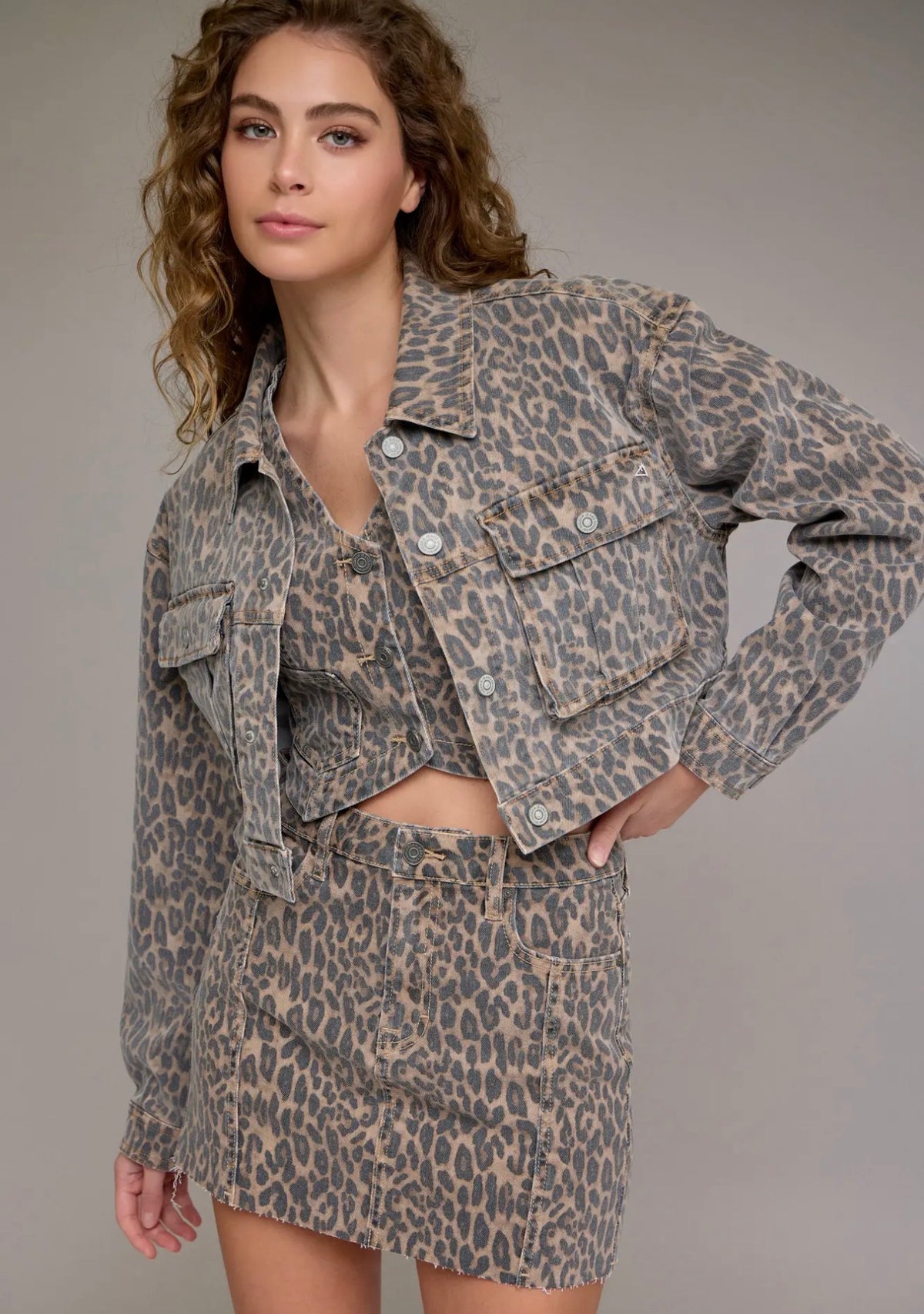 Hidden Jeans Cheetah Cropped Cargo Denim Jacket
