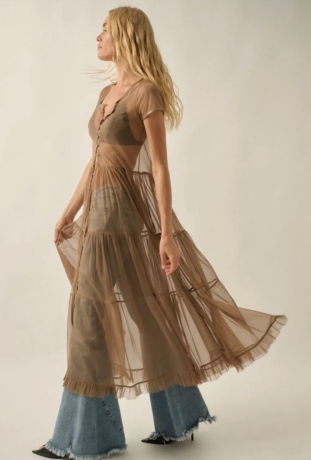 Promesa Mocha Sheer Mesh Button-Front Tiered Maxi Top