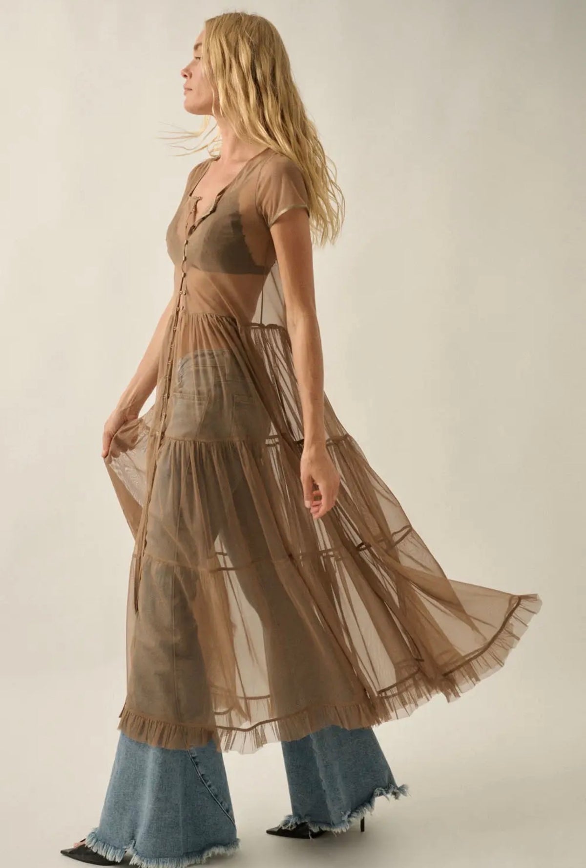 Promesa Mocha Sheer Mesh Button-Front Tiered Maxi Top