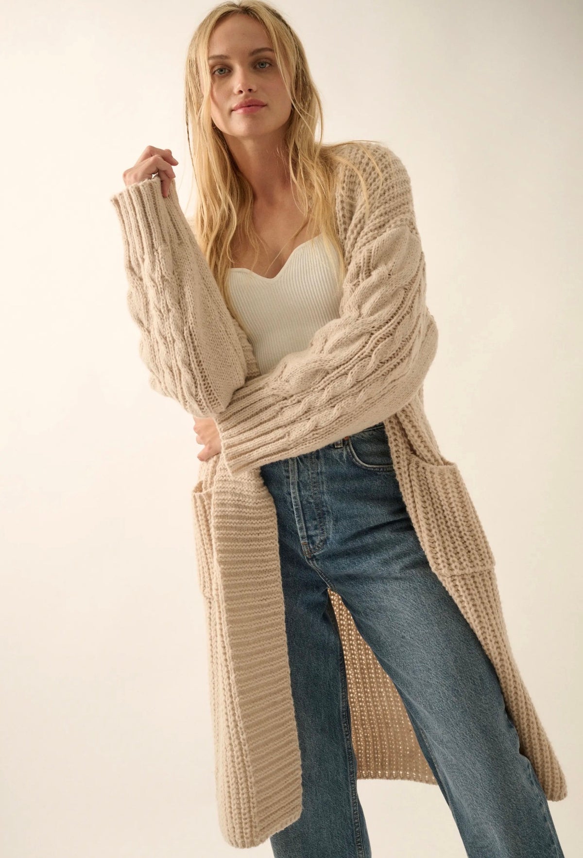 Promesa Oatmeal Cable Knit Long Cardigan
