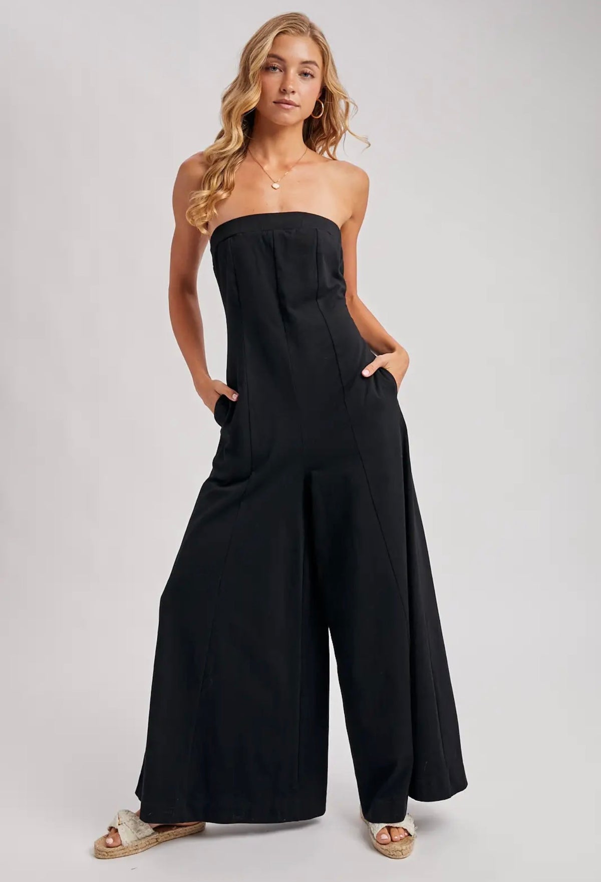 Bluivy Black Strapless Wide-Leg Jumpsuit with Pockets