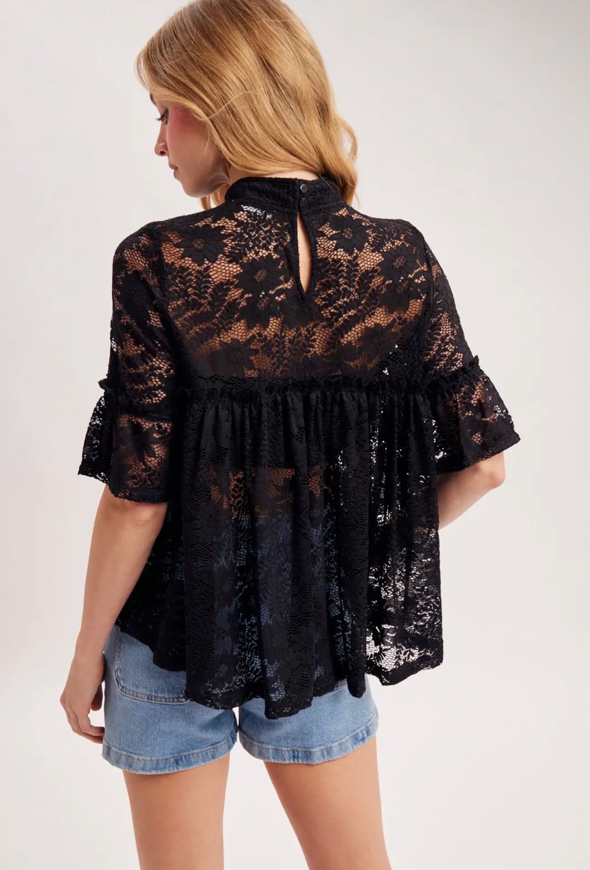 Bluivy Black Sheer Lace Babydoll Top
