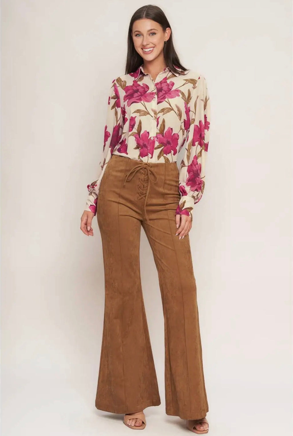 Flying Tomato Faux Suede Lace-Up Flare Pants