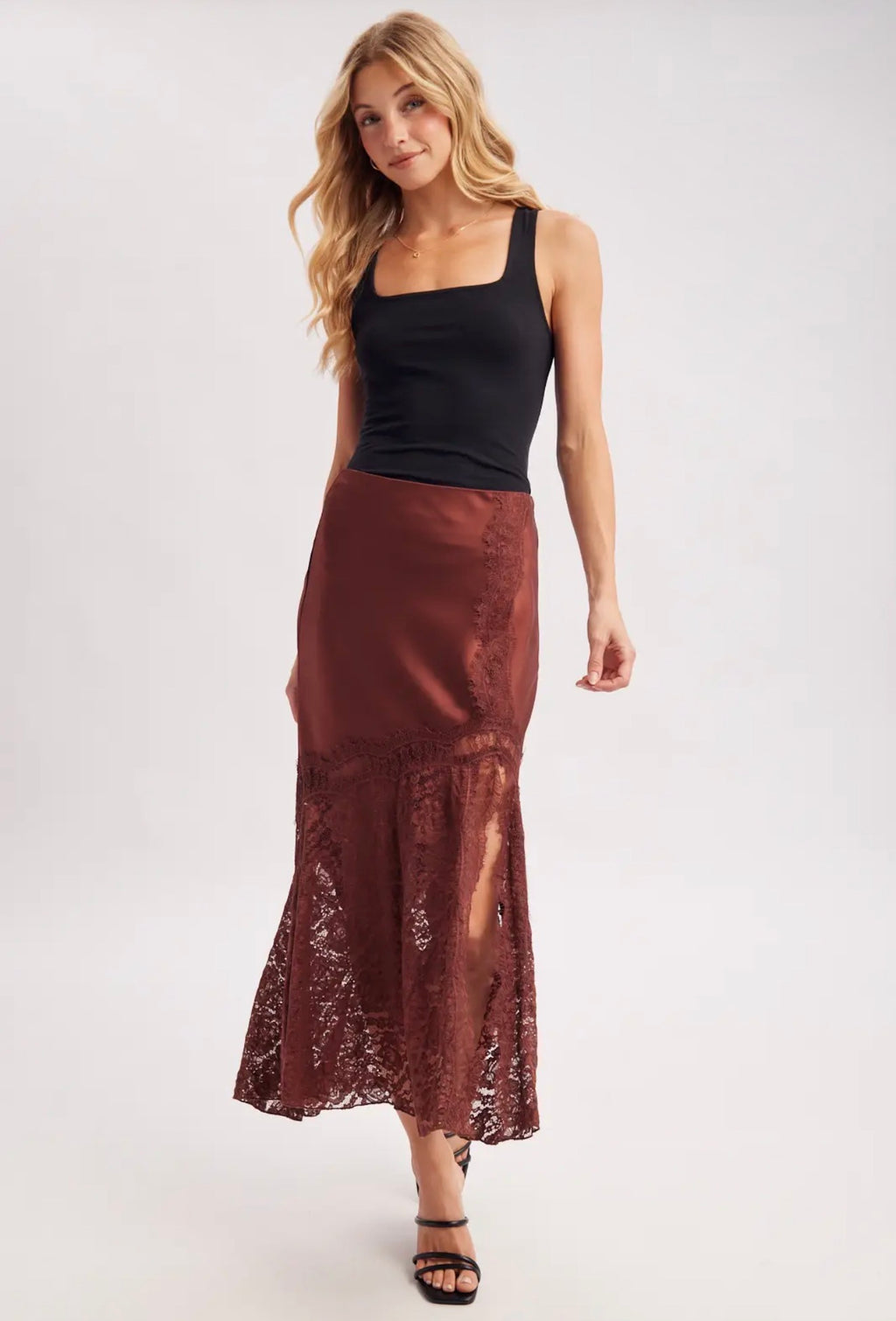 BluIvy Satin & Lace Midi Skirt