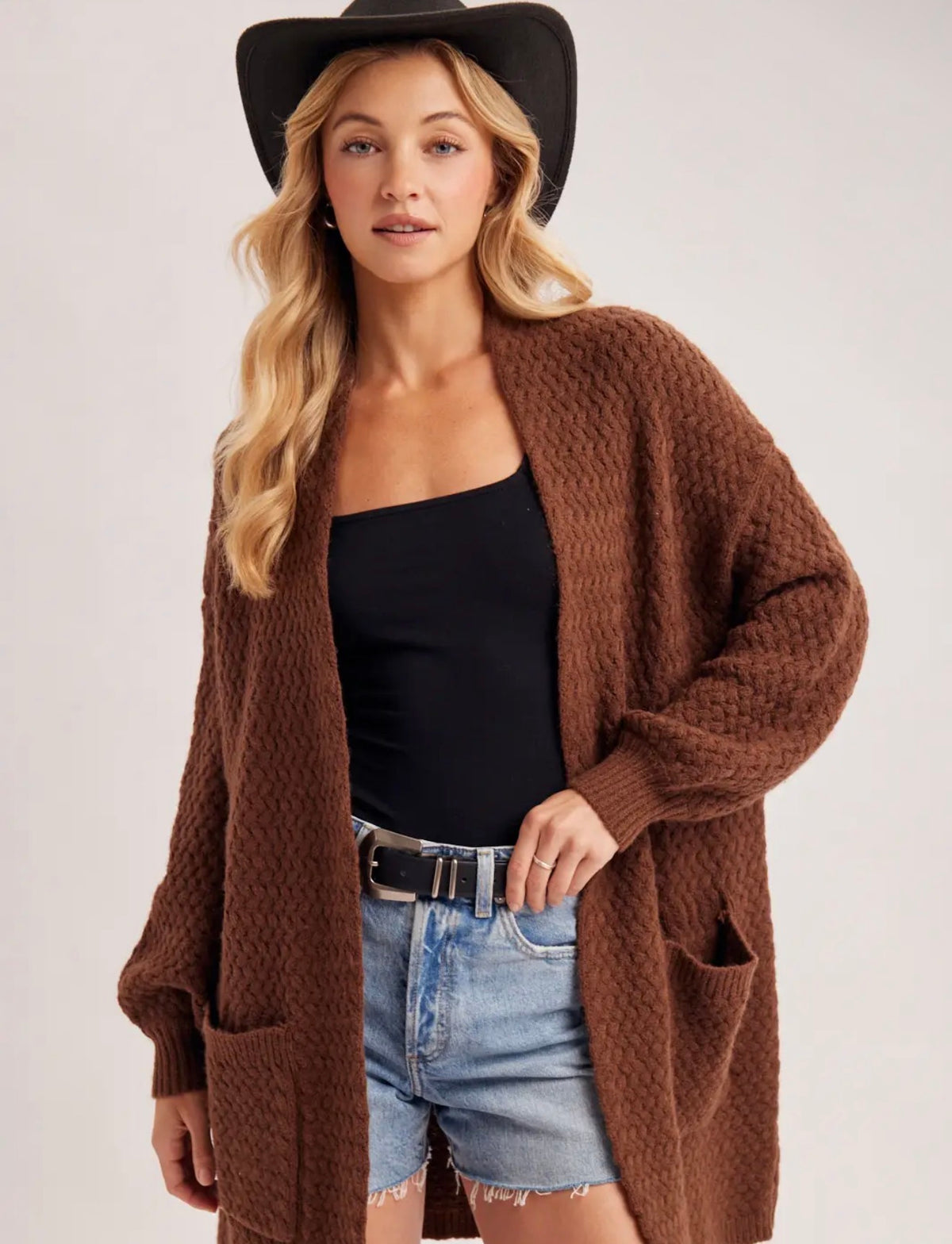 Bluivy Basket Weave Longline Cardigan – Chocolate Brown