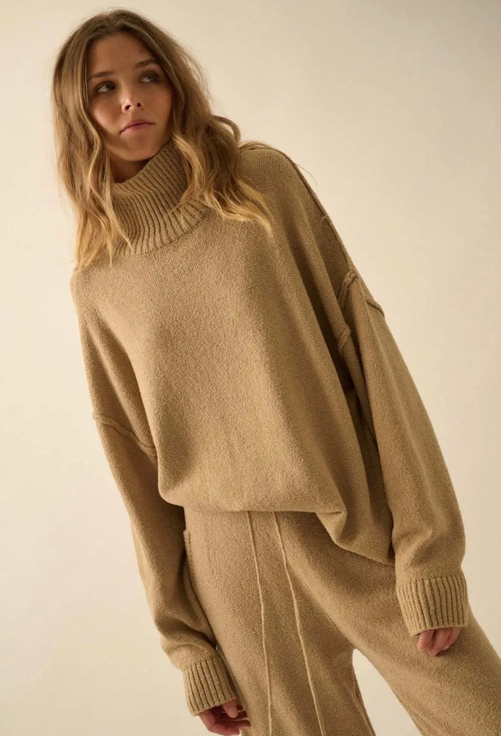 Promesa Camel Oversized Mock Neck Sweater