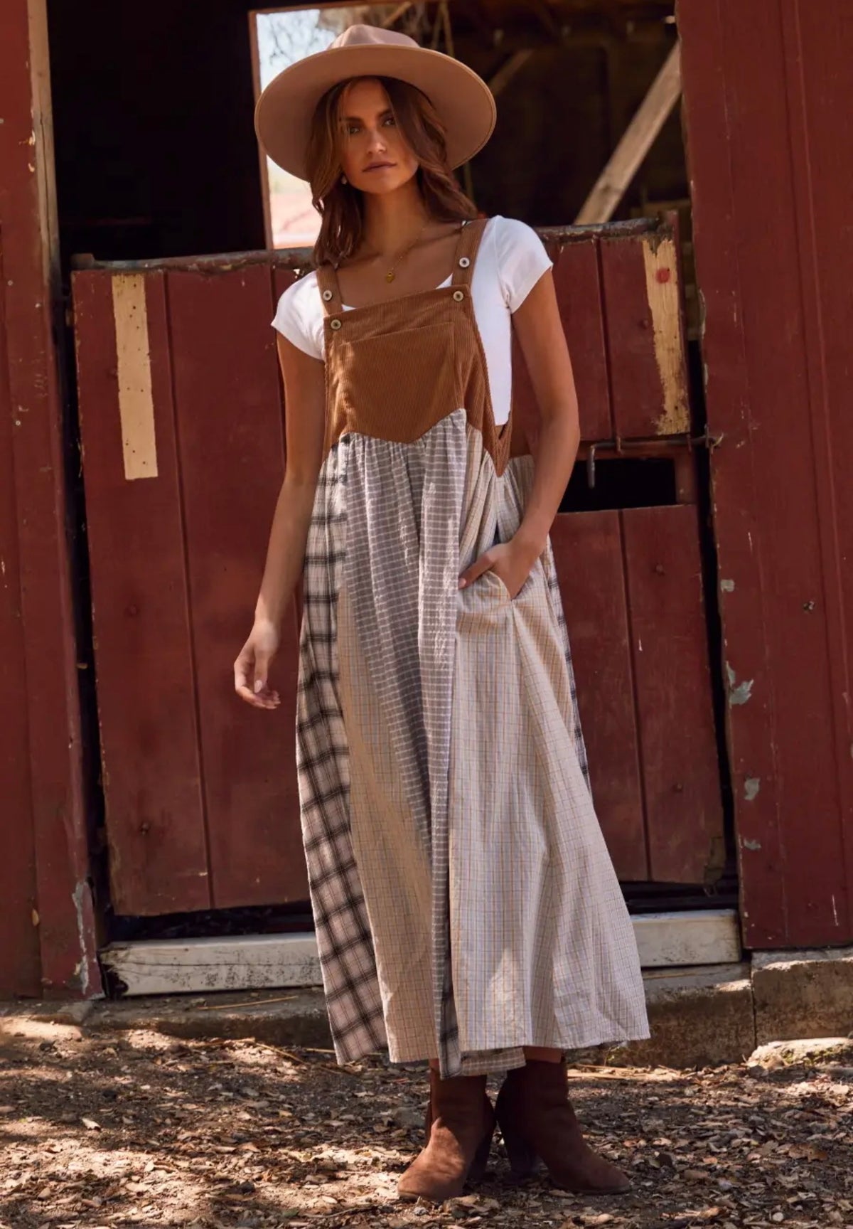 Patchwork Plaid Corduroy Overall Maxi Dress