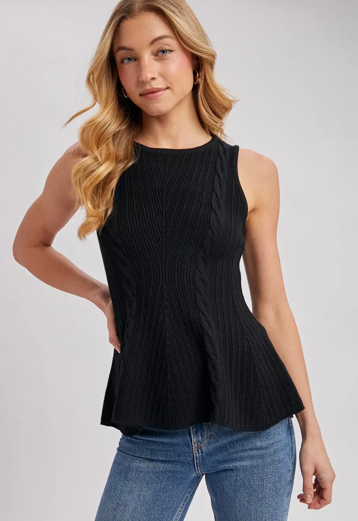 BluIvy Black Cable Knit Peplum Sleeveless Top