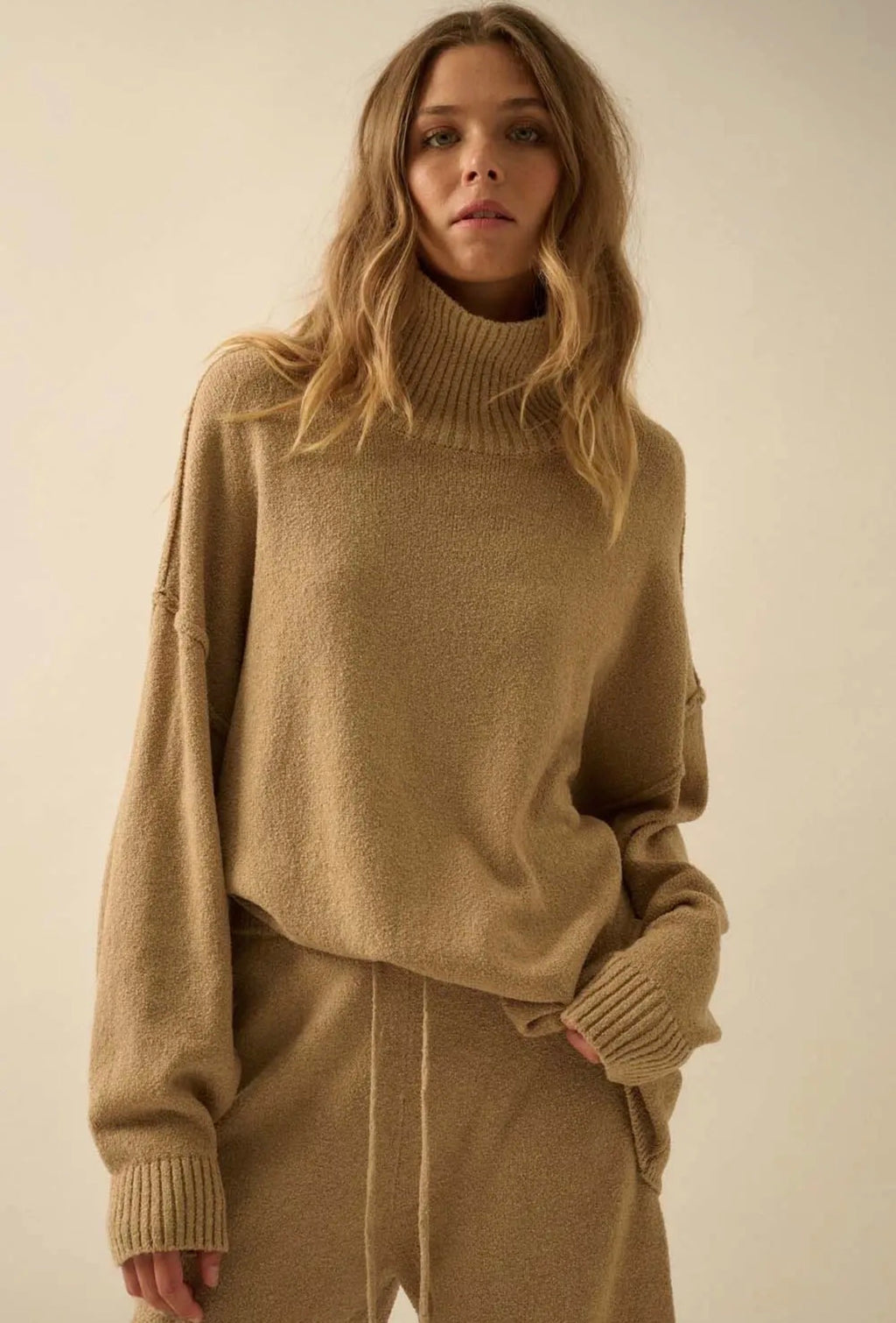 Promesa Camel Oversized Mock Neck Sweater