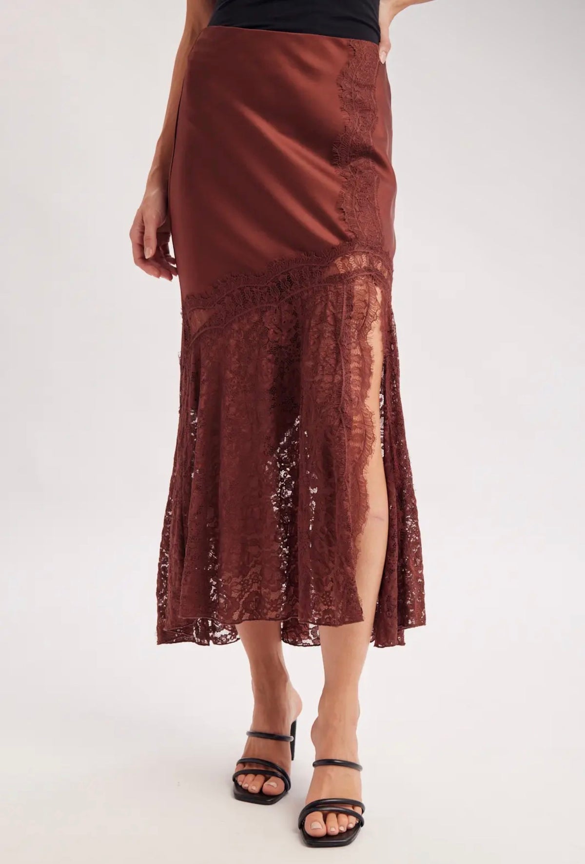 BluIvy Satin & Lace Midi Skirt