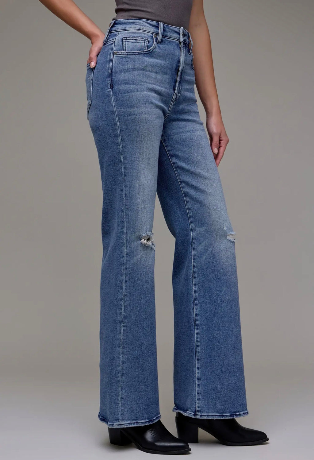 Hidden Medium Wash Knee Distressed High Rise Comfort Flare Jeans