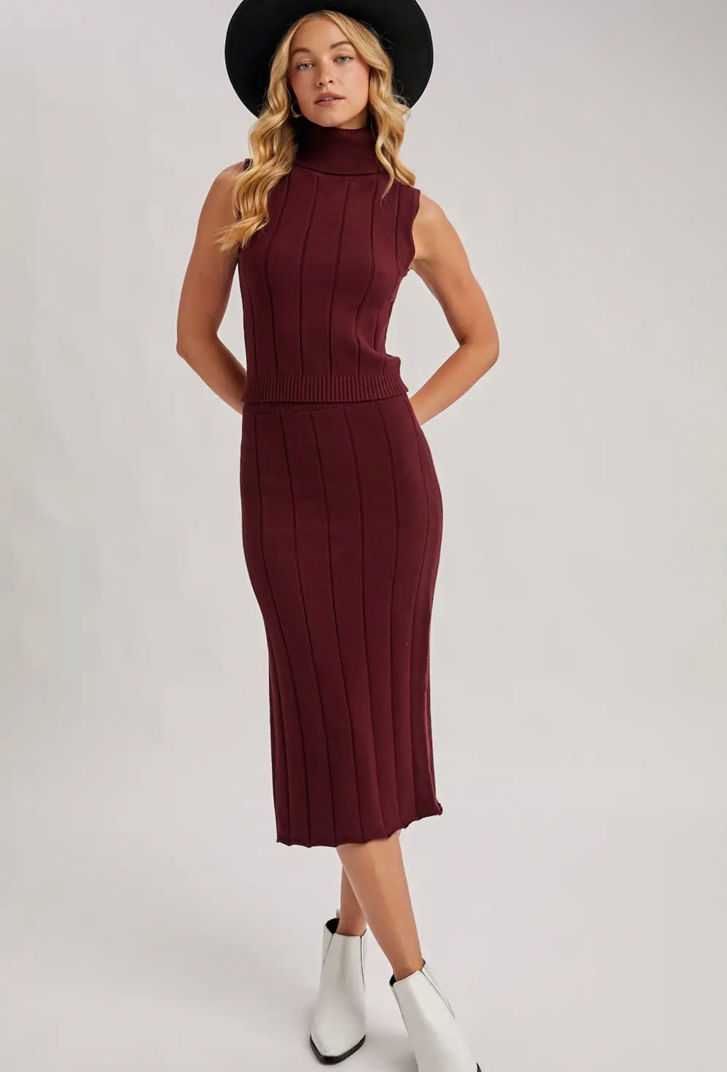 Bluivy Burgundy Sleeveless Mock Neck & Pencil Midi Skirt Sweater Set