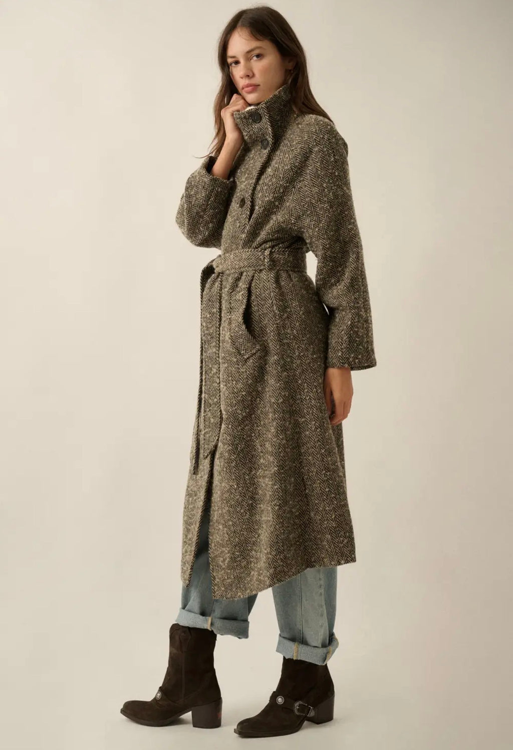 Promesa Herringbone Belted Longline Coat
