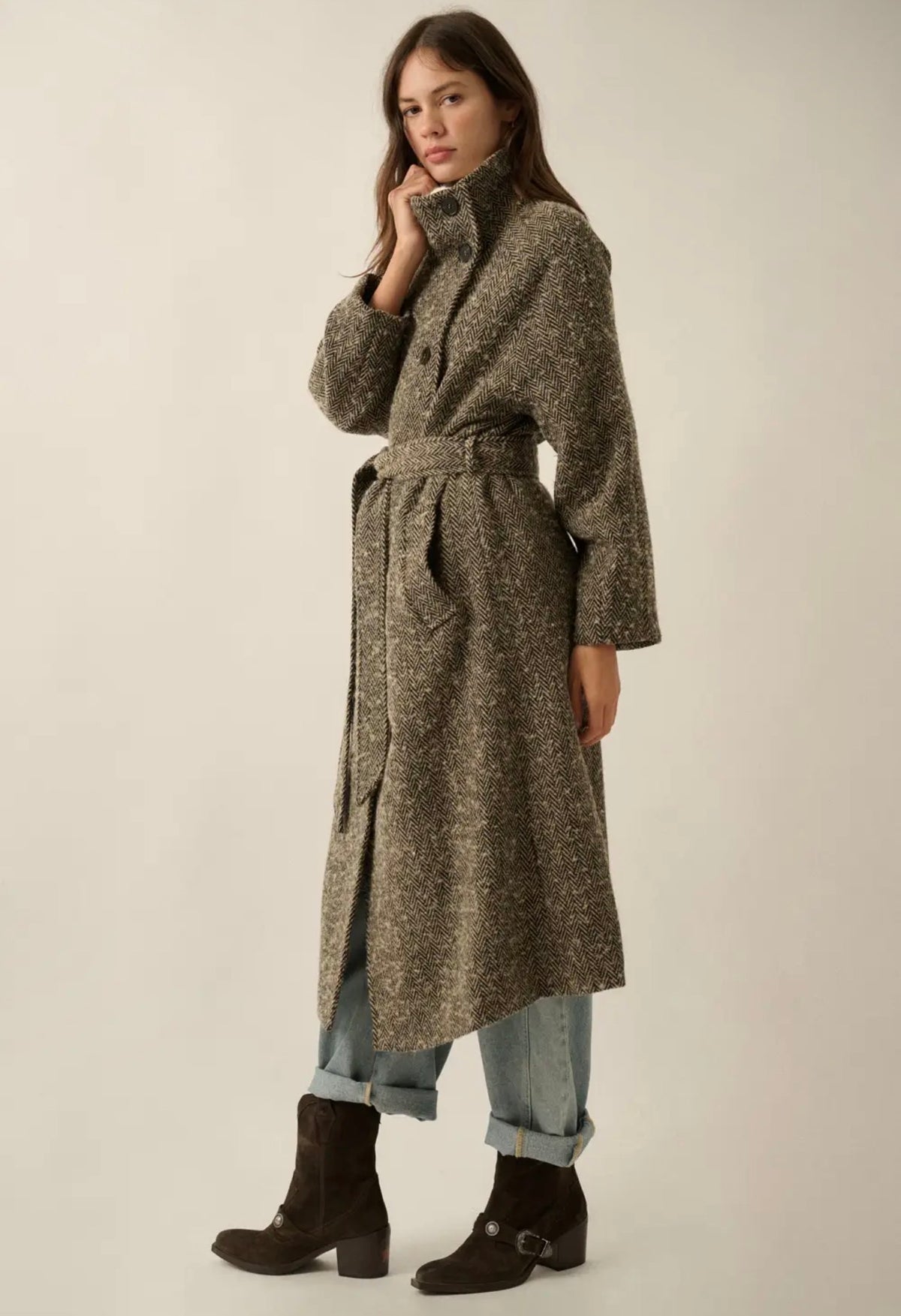 Promesa Herringbone Belted Longline Coat