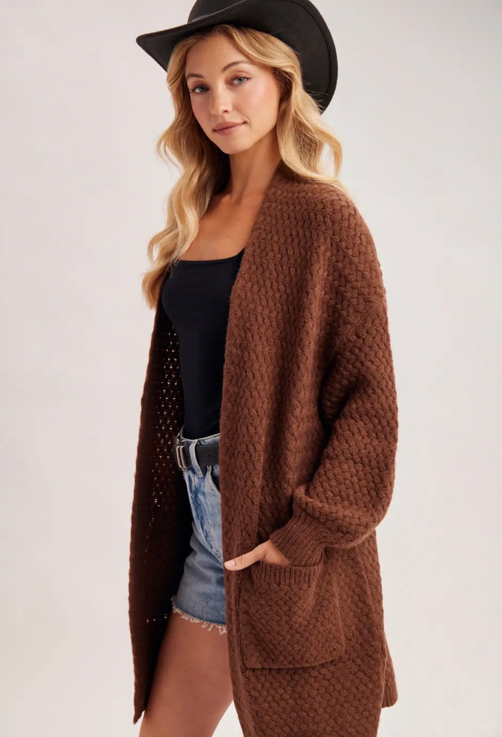 Bluivy Basket Weave Longline Cardigan – Chocolate Brown