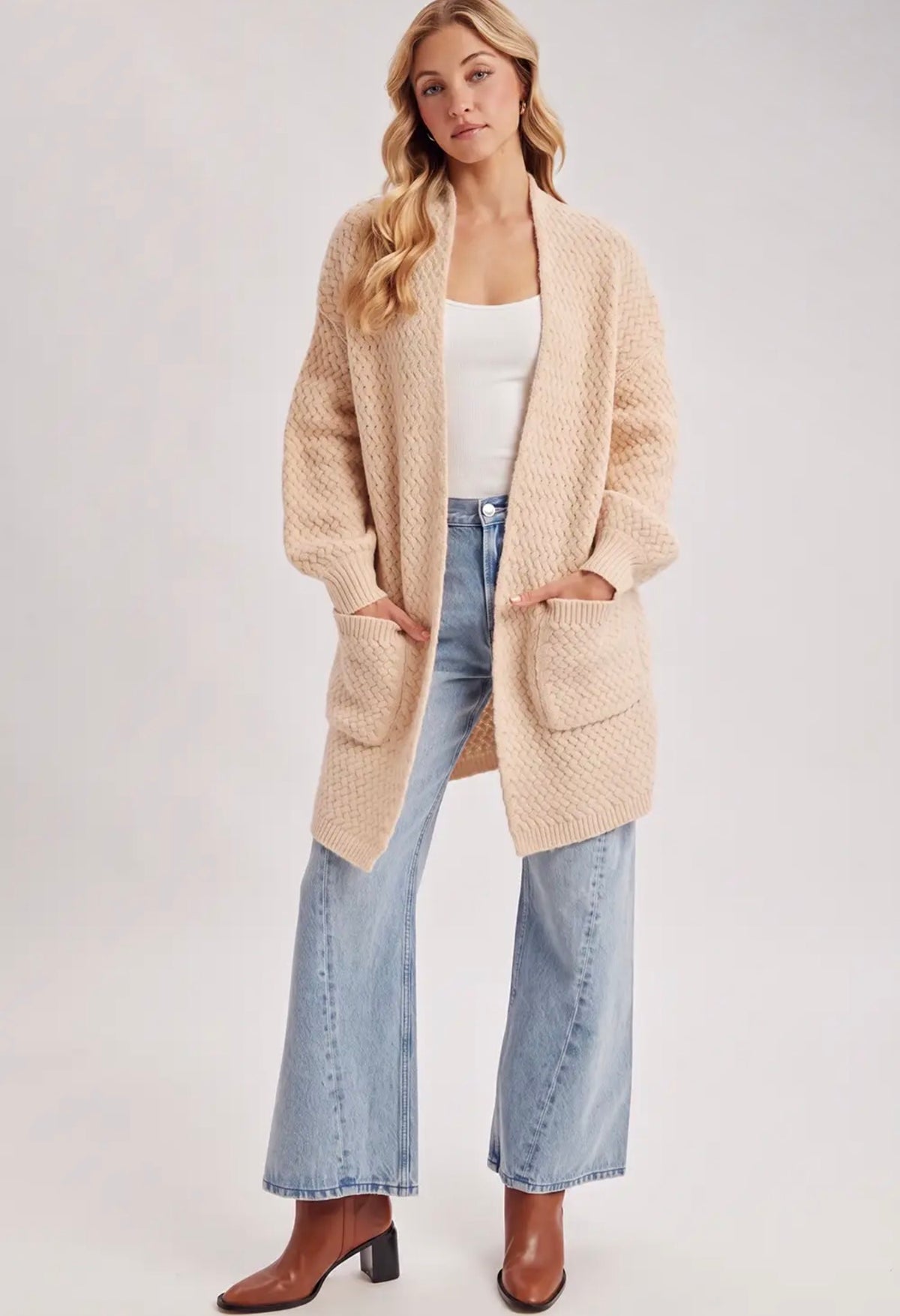 Bluivy Basket Weave Longline Cardigan – Oatmeal