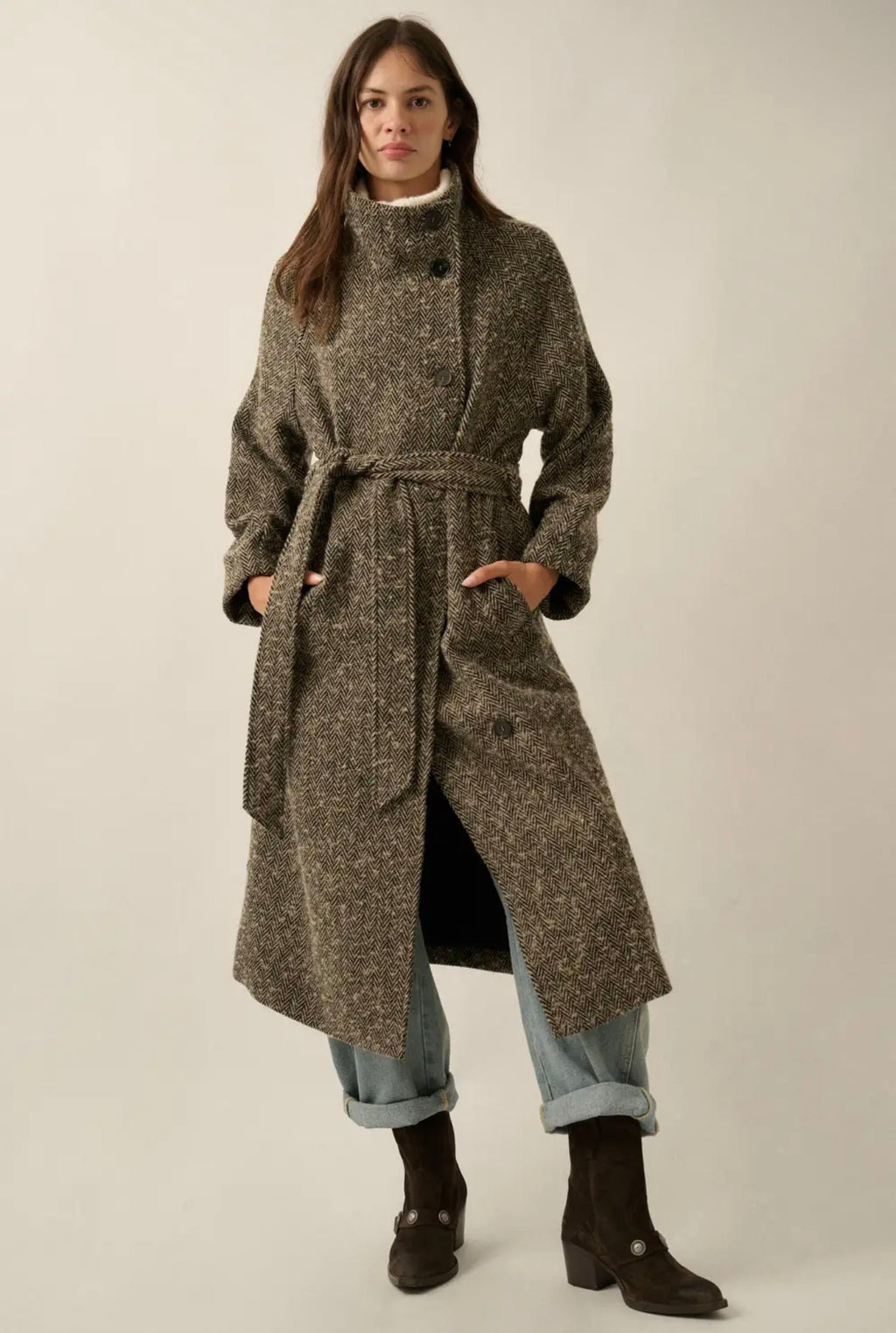 Promesa Herringbone Belted Longline Coat