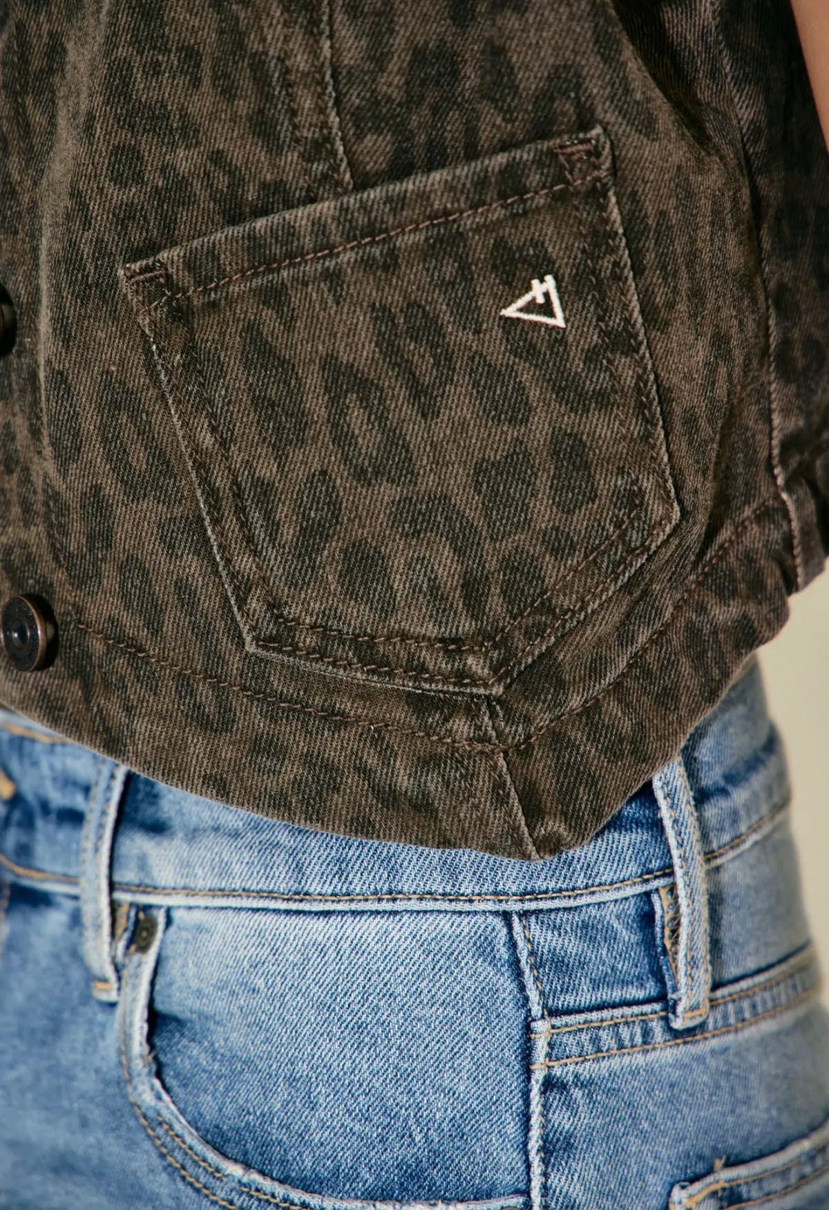 Hidden Brown Cheetah Cropped Denim Vest