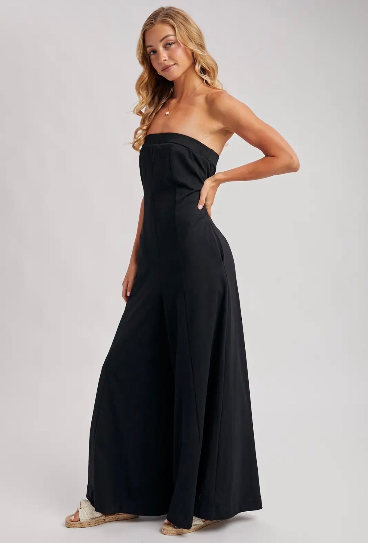 Bluivy Black Strapless Wide-Leg Jumpsuit with Pockets
