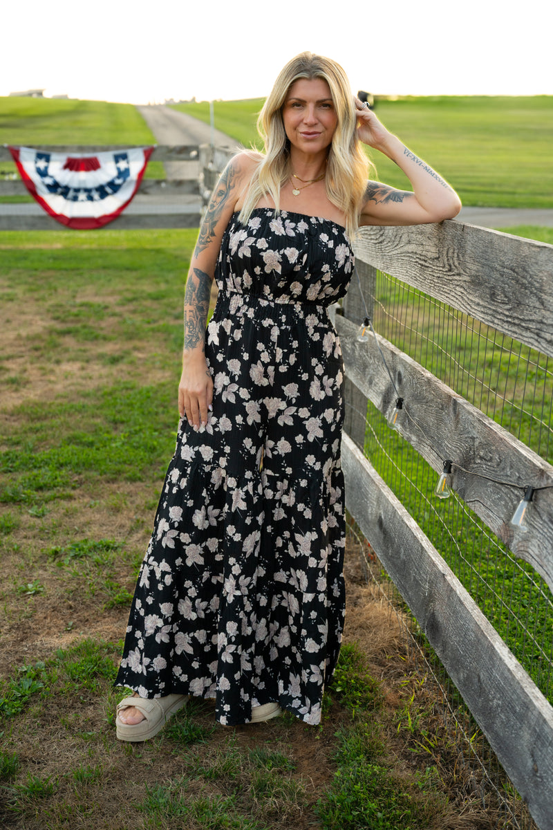 Midnight Bloom Smocked Wide Leg Jumpsuit