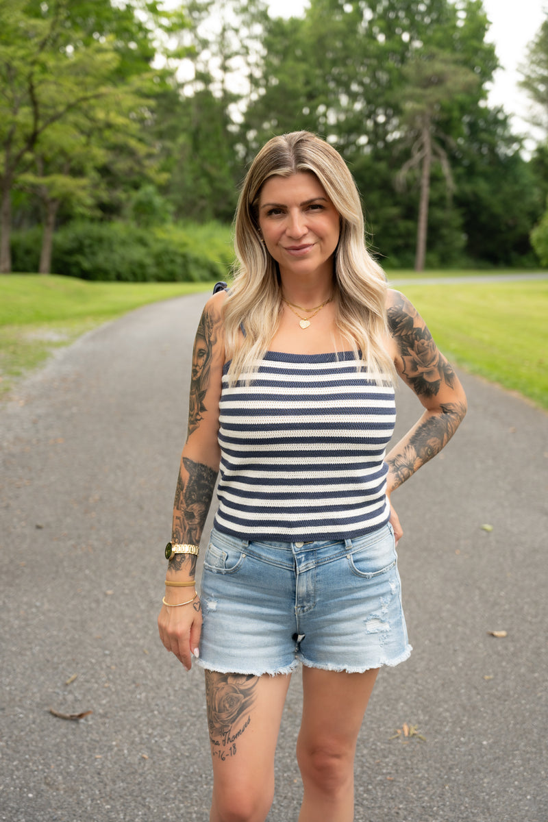 Petra High Rise Double Button Yoke Denim Shorts