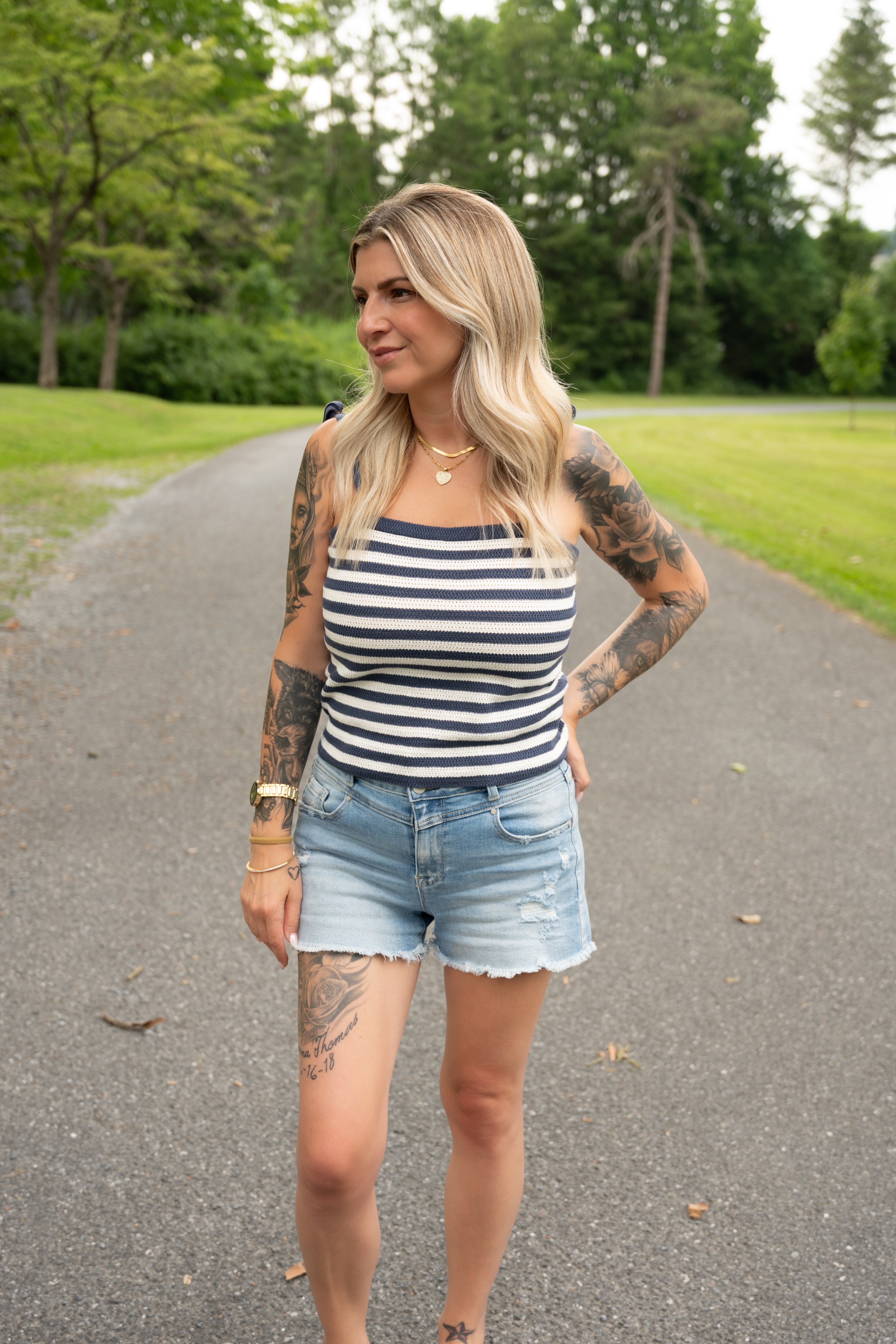 Petra High Rise Double Button Yoke Denim Shorts