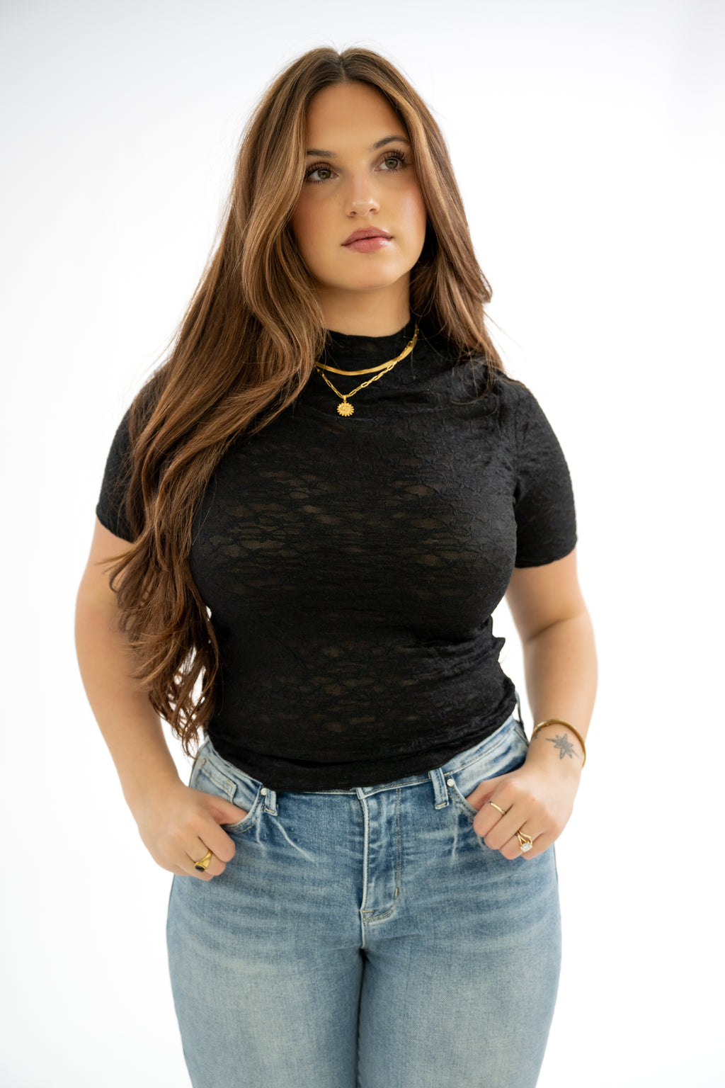Sheer Black Mock Neck Mesh Top