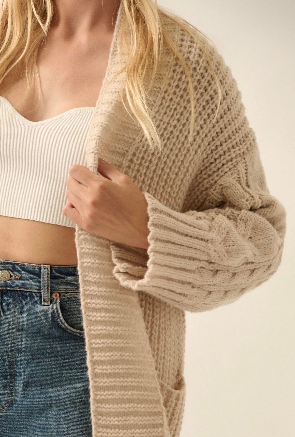 Promesa Oatmeal Cable Knit Long Cardigan